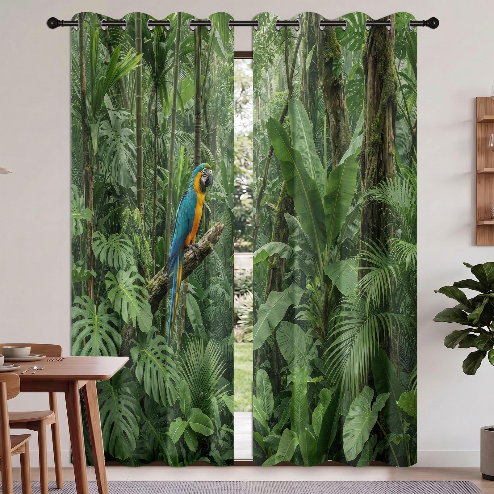 Rideaux Occultant Oiseau Forêt, Rideaux Occultant Ara Tropical & Feuilles De Monstera Rideau Thermiques Isolant Anti Froid et Chaleur Rideau à Oeillets pour Chambre À Coucher, 2 PCS, 110L X 215H cm