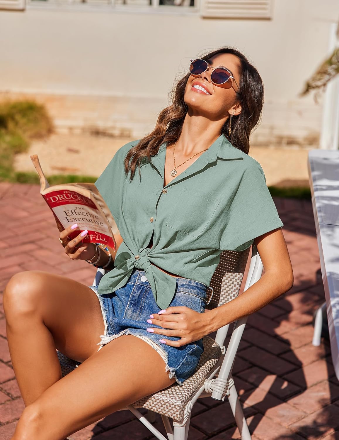 HOTOUCH Linen Shirts for Women Button Down Short Sleeve Tops Cotton Blouses Collared Button-up Beach Vacation Outfits - Image 5