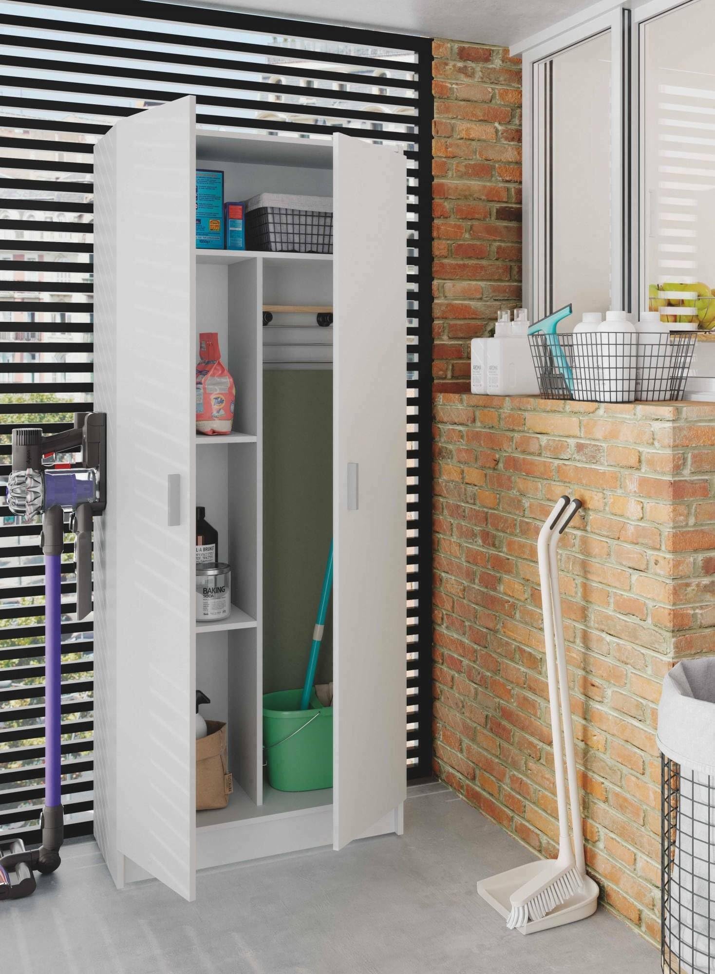 Dmora - Armoire polyvalente 2 portes Charleston, meuble à balais, étagère à chaussures avec étagères, armoire à chaussures, 73 x 37 cm x 180 cm, blanc