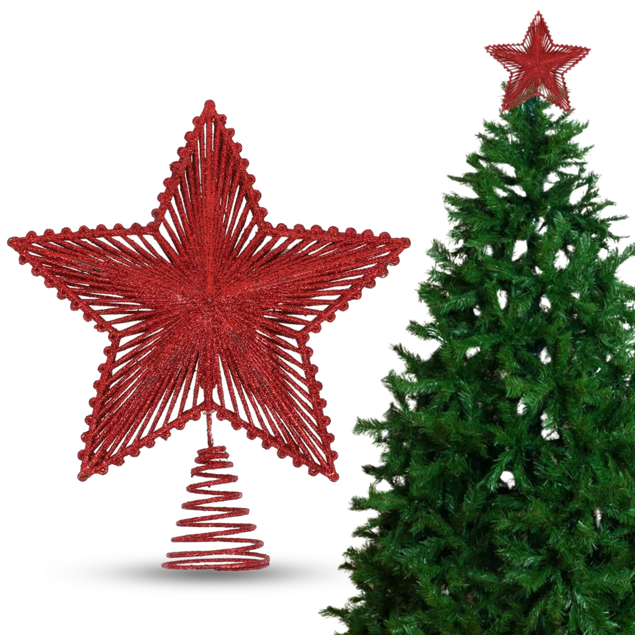 Red Glitter 25cm (H) Tree Topper - Glittered Star for Top of Christmas Tree, Xmas Party Decoration
