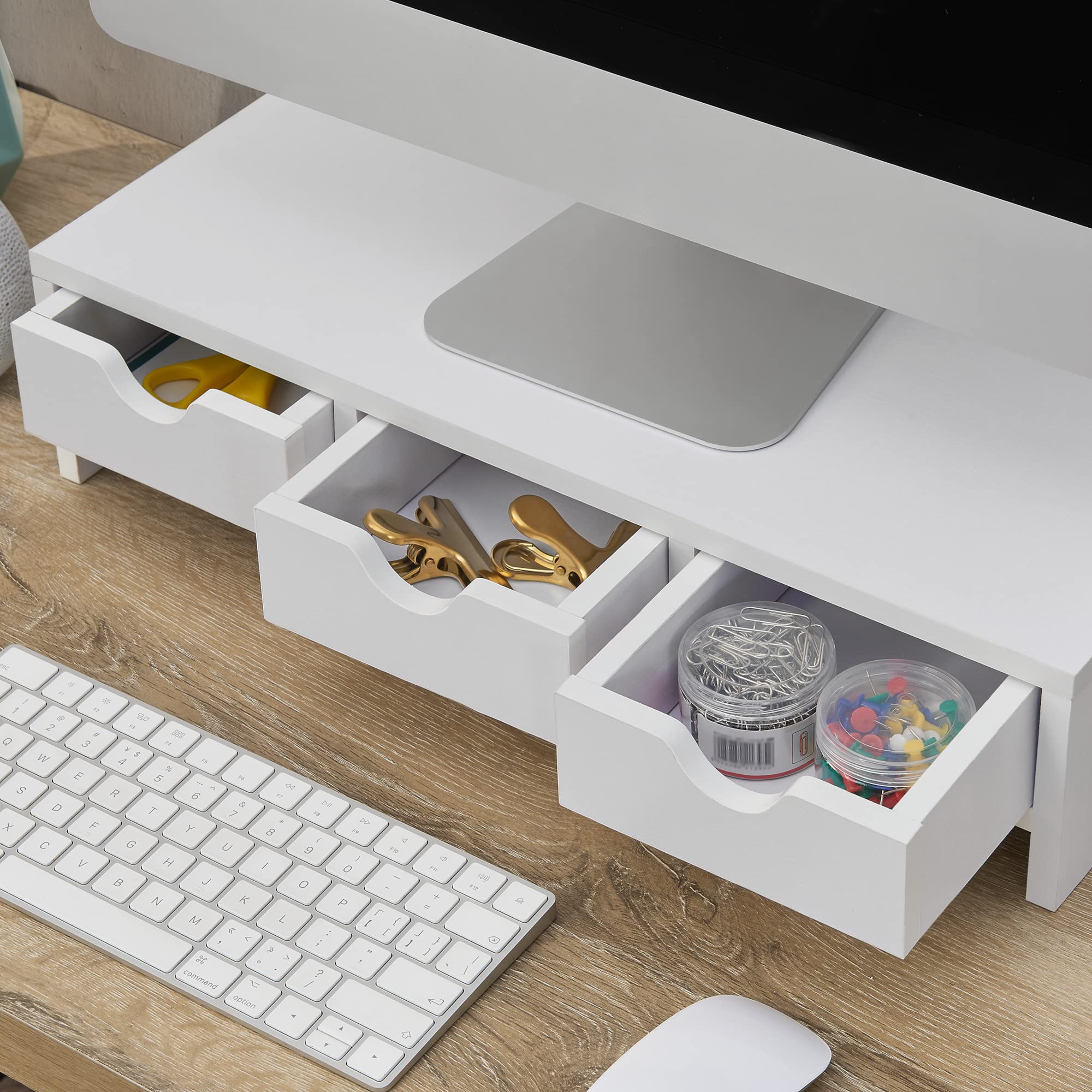 [en.casa] Supporto per Monitor con 3 Cassetti (AxLxP) 12 x 51 x 25 cm Rialzo per Schermo PC Stand da Scrivania - Bianco
