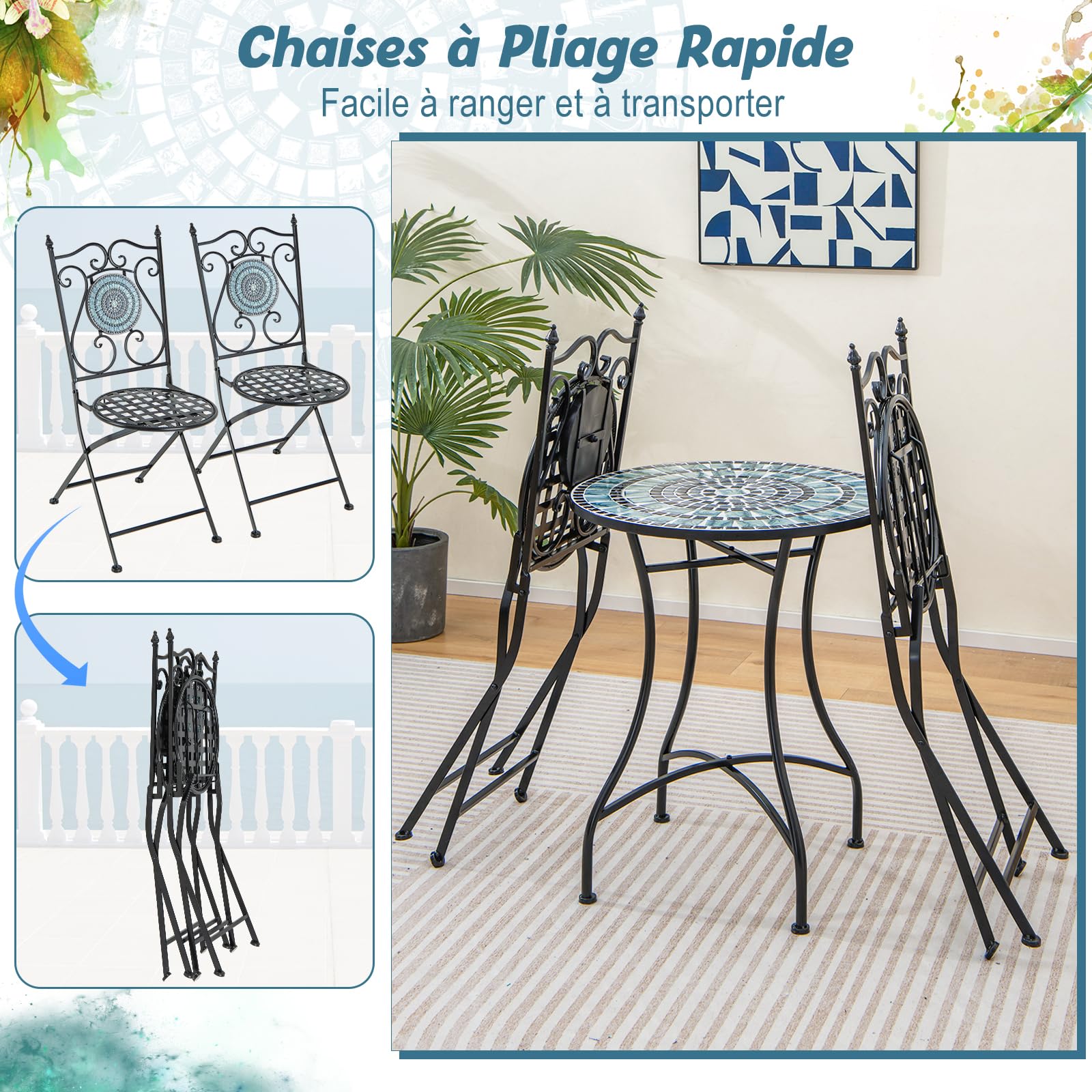 Salon Jardin 3 Pièces GOPLUS - Table Basse Et 2 Fauteuils Noir - Textilène Et Métal - Pour Terrasse, Piscine