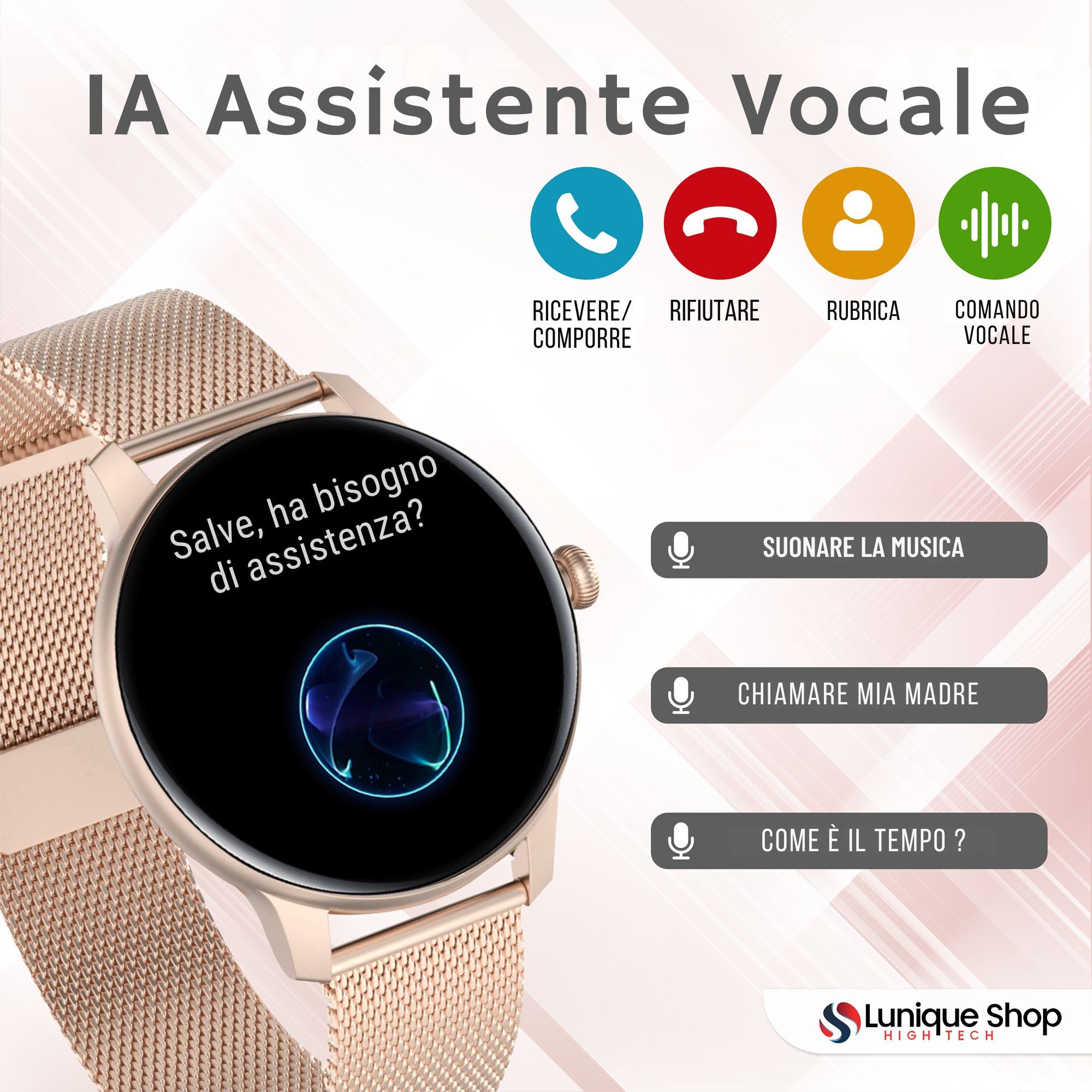 LSCALL Smartwatch donna Chiamata e Risposta, notifiche, messaggi, contapassi, assistente vocale, Orlogio con 2 cinturini, Cardiofrequenzimetro, SpO2,Fitness Sonno per Android iOS 1.7"