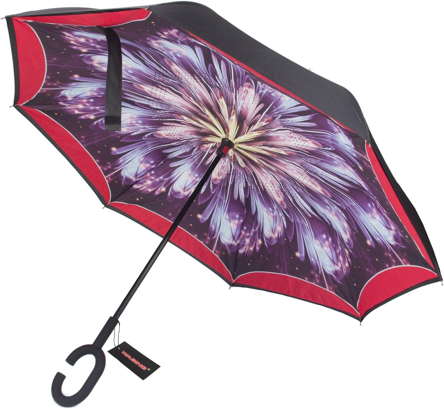 WASING Double Layer Inverted Umbrella Cars Reverse Umbrella, Windproof UV Protection Big Straight Umbrella for Car Rain Outdoor With C-Shaped Handle (fireworks)