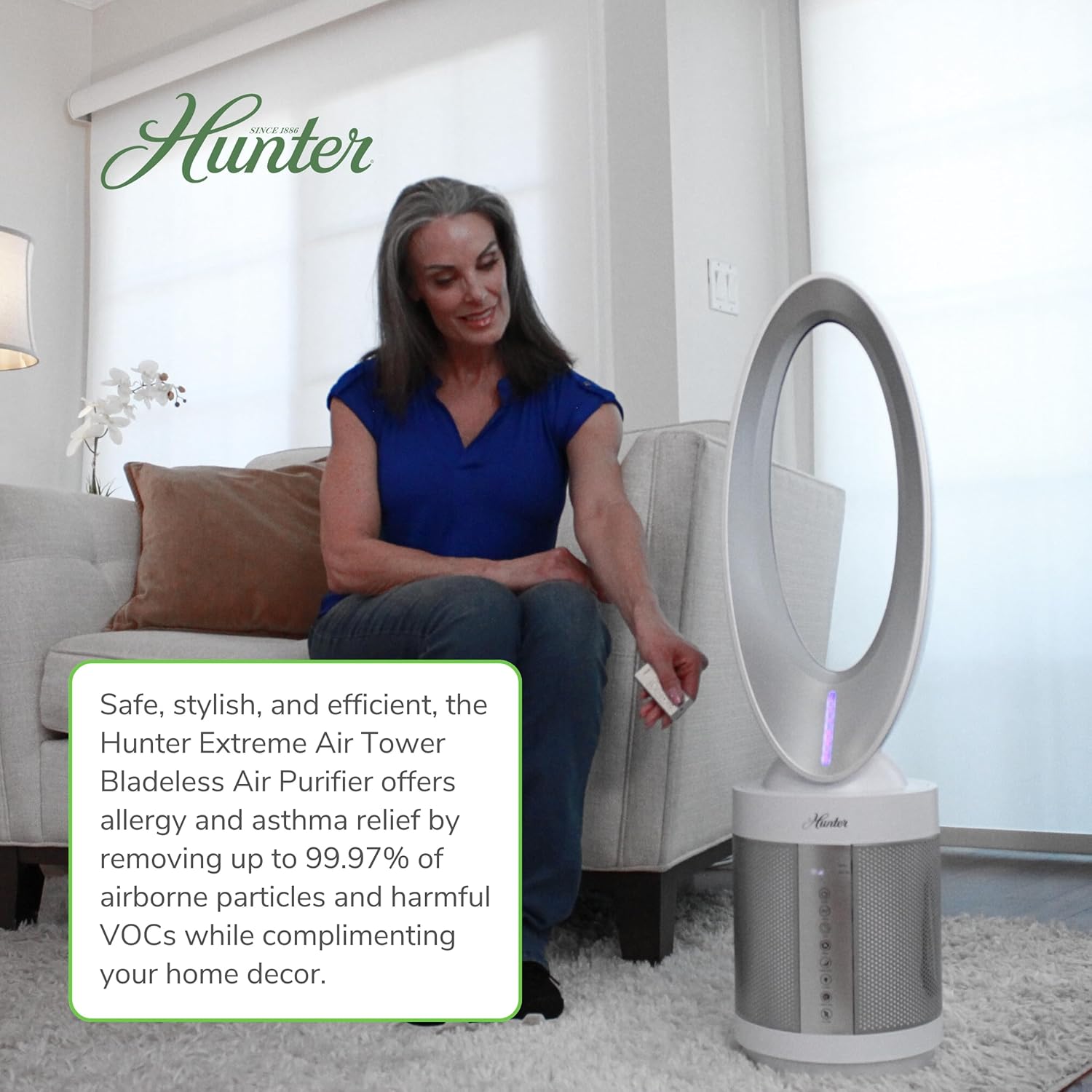 Hunter ExtremeAir Tower Bladeless Air Purifier Fan. 2-in-1 Air Purifiers for Home & Bladeless Fan Combo. Bedroom Air Purifier Cooling Fan. Oscillating, 9 Speeds, Touch Control. Graphite