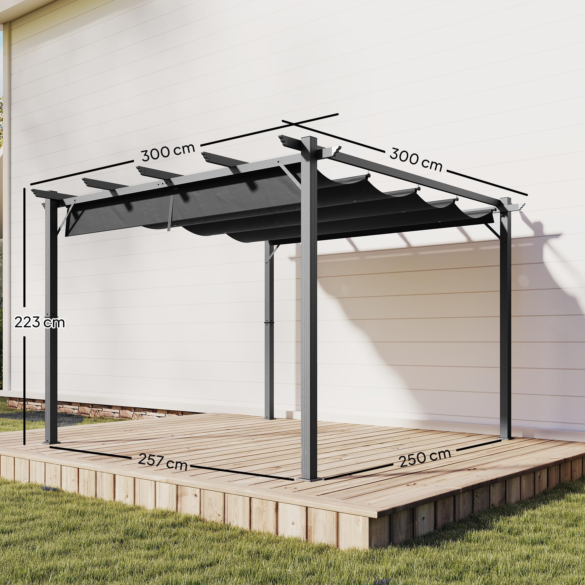 Outsunny Pérgola de Jardín 3x3 m con Techo Retráctil, Cenador de Jardín con Protección UPF30+, Orificios de Drenaje, Estructura de Aluminio, Pabellón para Patio, Terraza, Exterior, Gris Oscuro