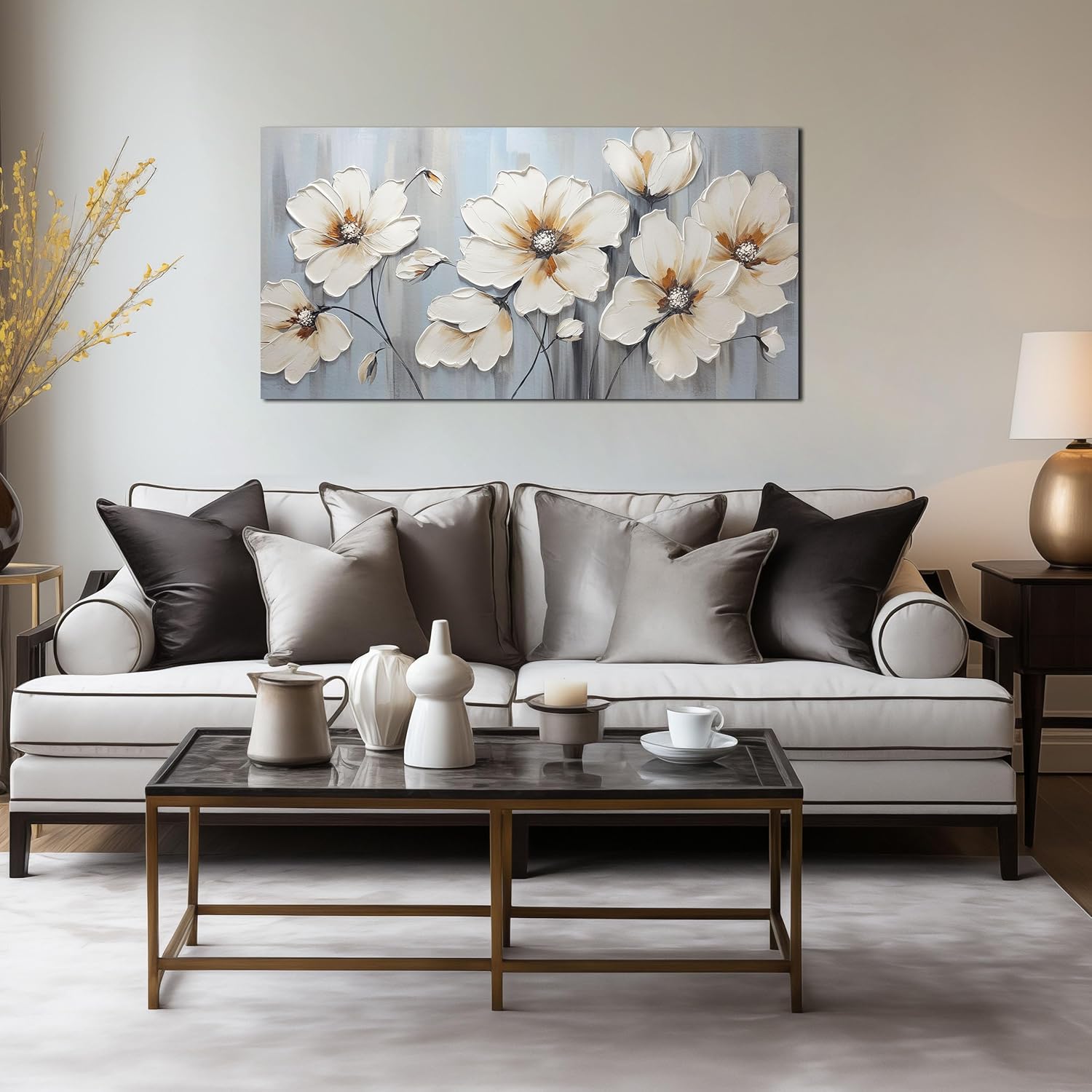 Large Artwork Canvas Wall Art for Living Room Bedroom Modern White Flower Theme Picture Wall Art with Frame Canvas Decorative Artwork Hangable Decor Painting Size 20x40