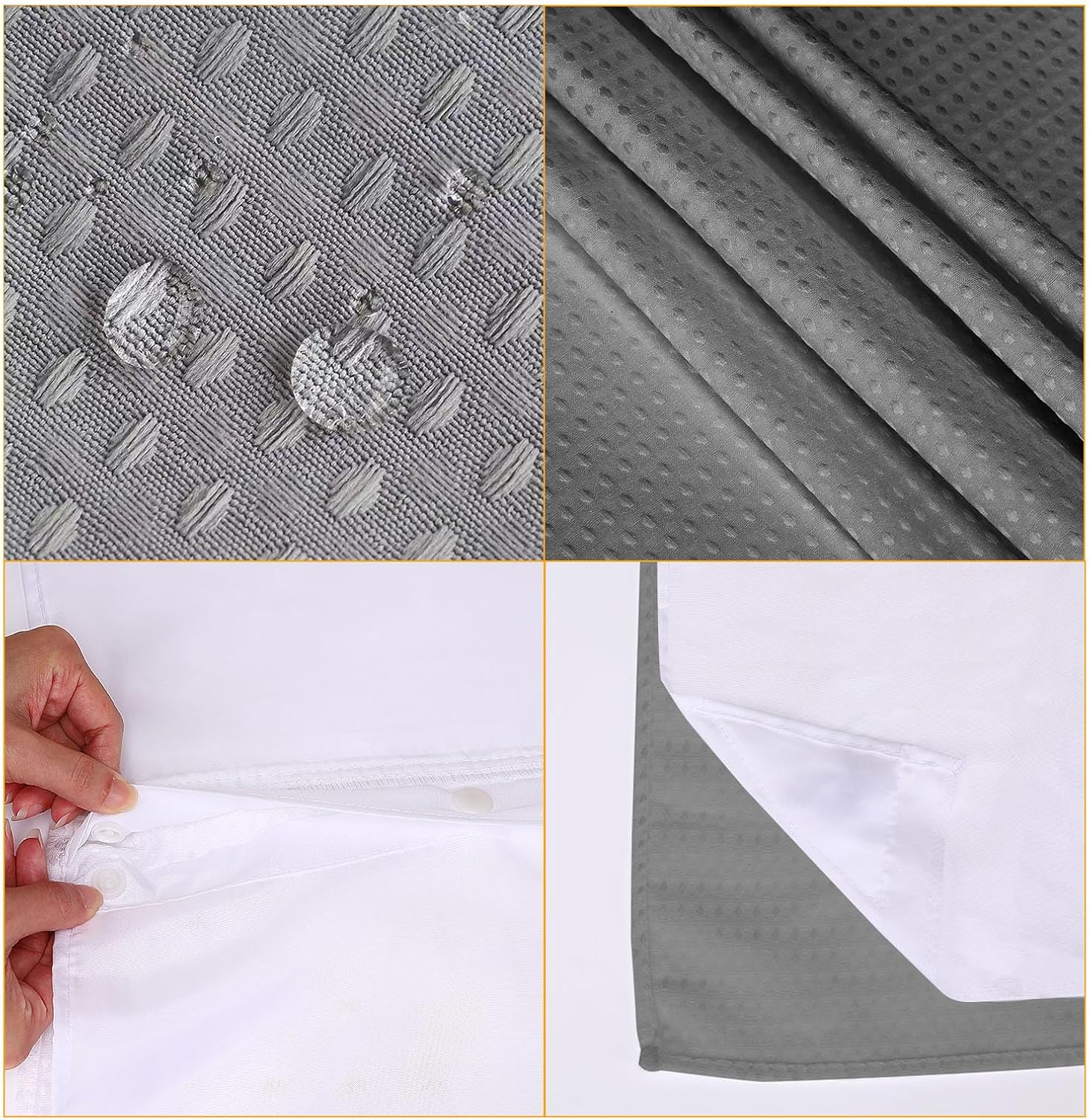 No Hooks Shower Curtain with Snap in Fabric Liner Set, 230GSM Heavy Duty Waffle Shower Curtain for Bathrooom, Waterproof Washable Polyester Cloth Bath Curtain 71 x 74 inches Grey
