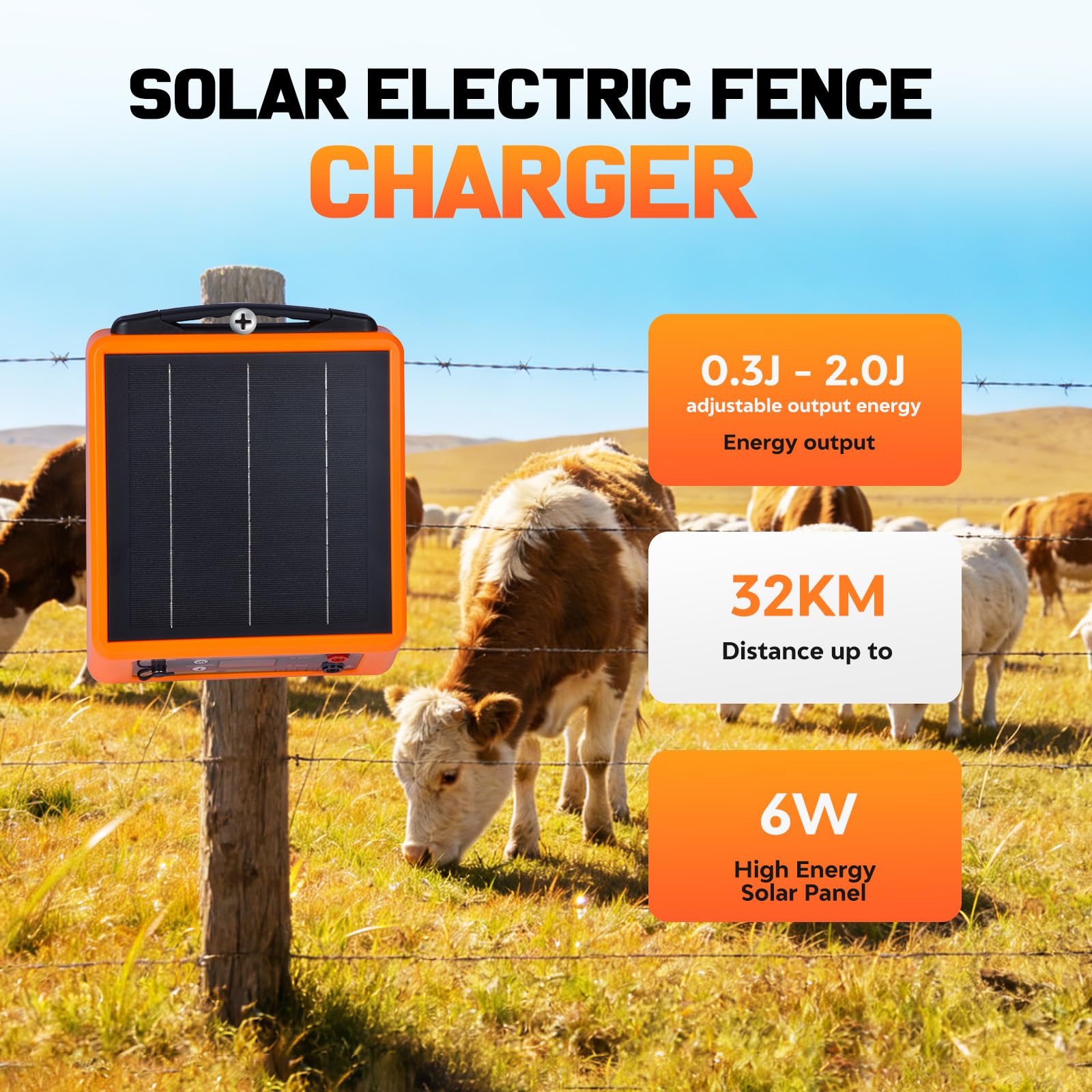 32KM Clôture électrique solaire, 6-12 kV Berger électrique Contrôleur pour chevaux, 2 J Clôture électrique pour élevage d'animaux de berger, pour ferme, pâturage, jardin (Orang)
