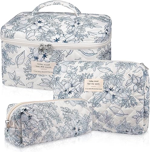 Miniatura 22 de Set de bolsas de maquillaje, bolsa de maquillaje acolchada, bolsa de cosméticos floral grande para mujeres, lindas bolsas de maquillaje de algodón,