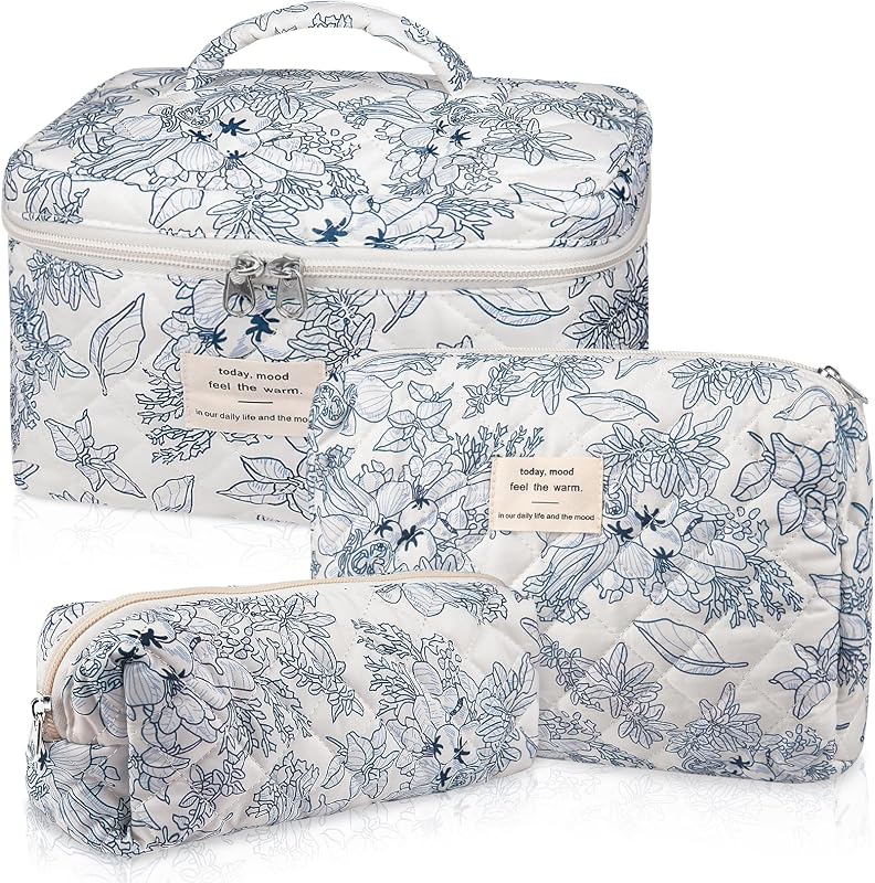 Gosect Conjunto de Necessaires de Maquiagem Matelassê Floral em Algodão, Azul-marinho, Pacote com 3