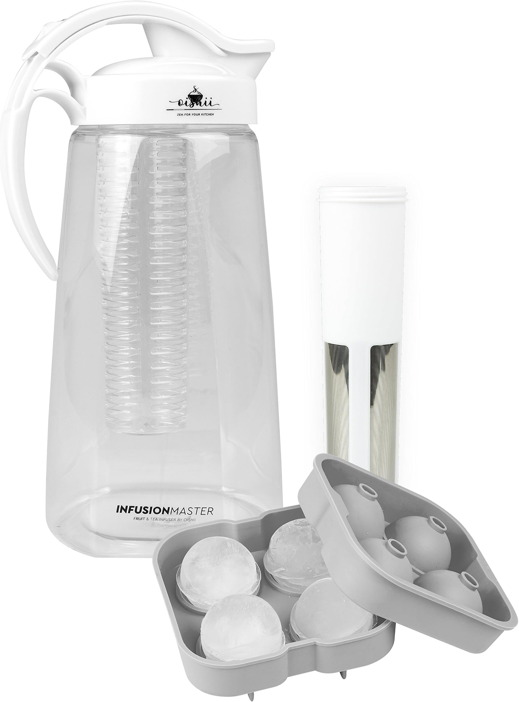 Oishii Tea Infusion Master, Infuser Set with Pitcher 2200 ml, Tea Insert and Fruit Insert, XXL Ice Cube Tray, White