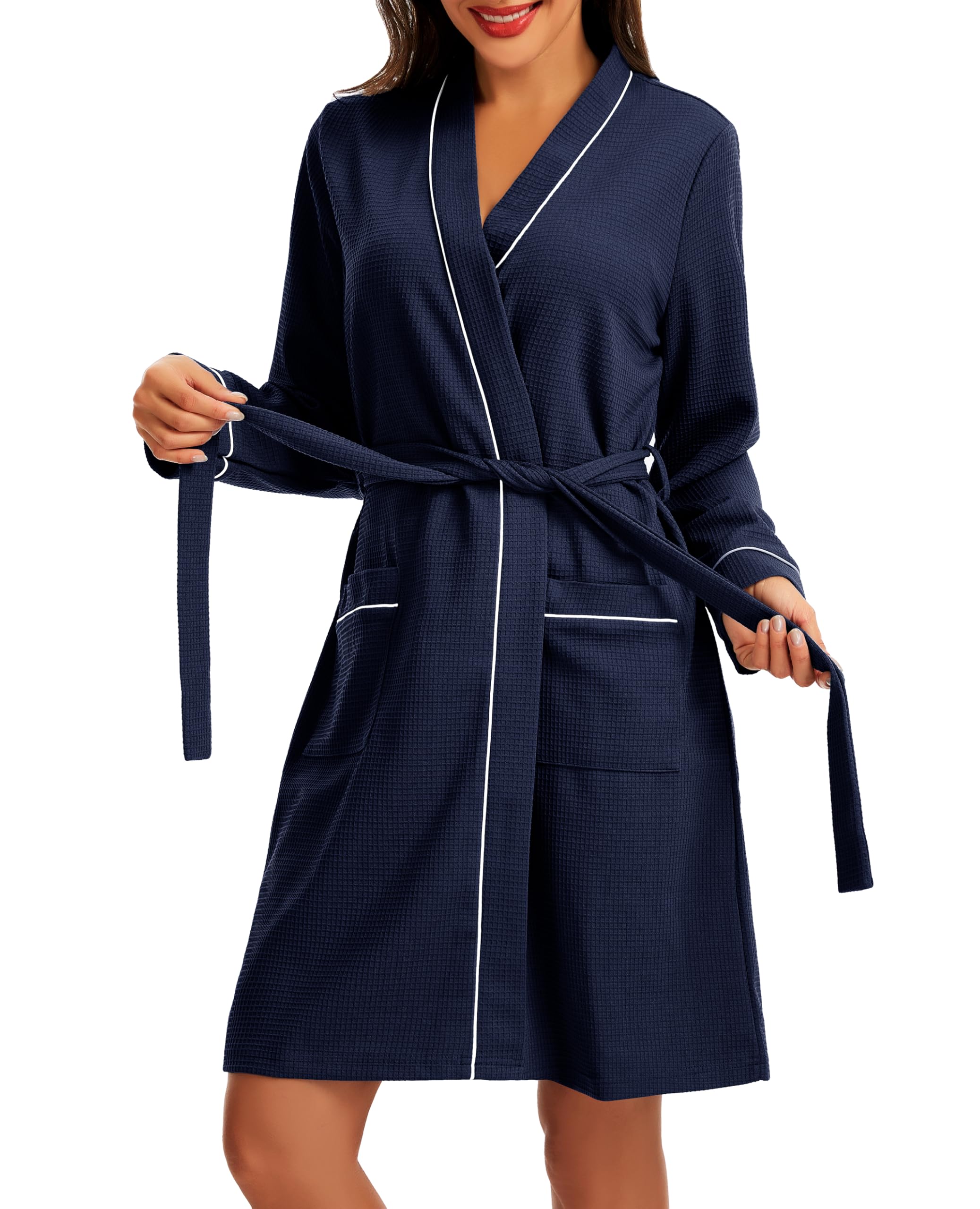 Lovasy Bademantel Waffelpique Damen Langarm Morgenmantel Dicker Waffelstoff Saunamantel Loungewear Knielang mit Gürtel und Taschen