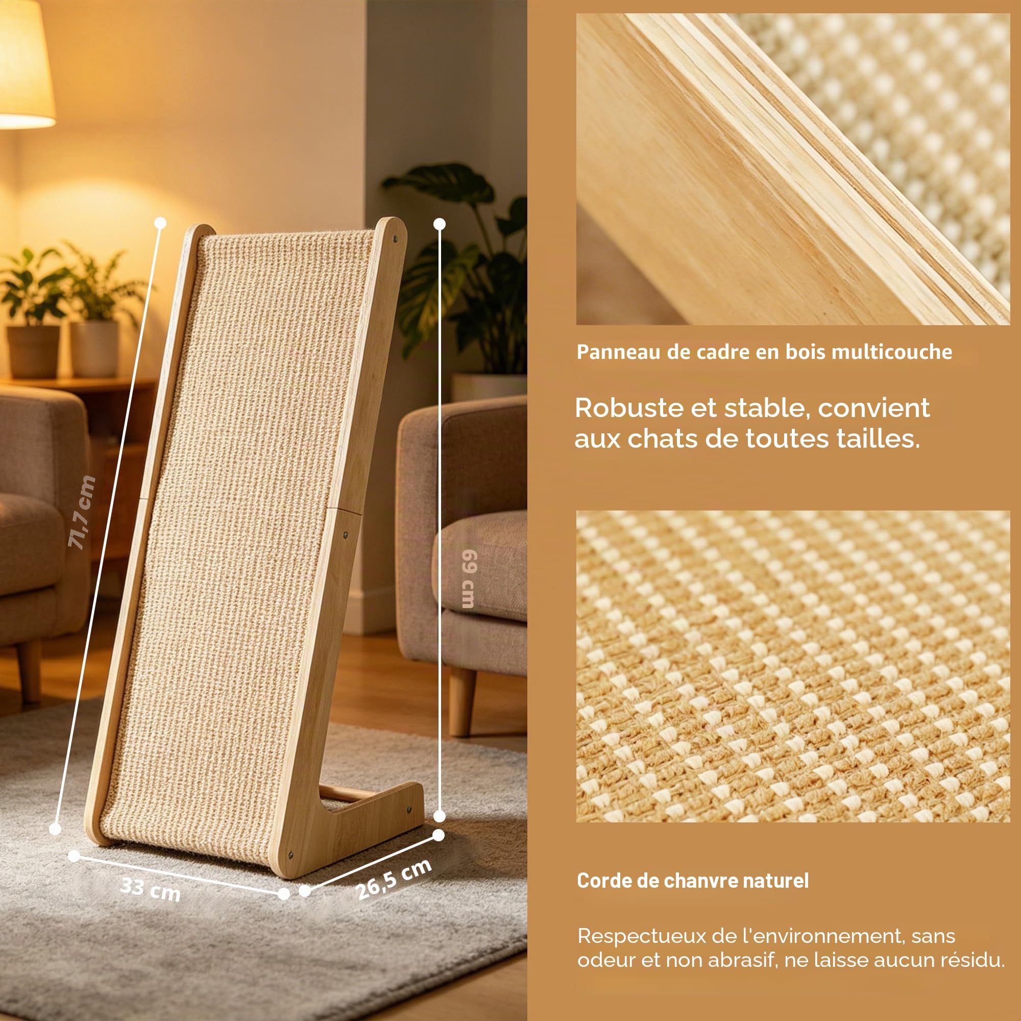 Griffoir pour Chat, Panneau à griffer de 69 cm de Haut pour Chats d'intérieur, Poteau à griffer en sisal, Protection pour Meubles, Meuble en Forme de L pour Tous Les Chats, pour Jouer et se détendre.