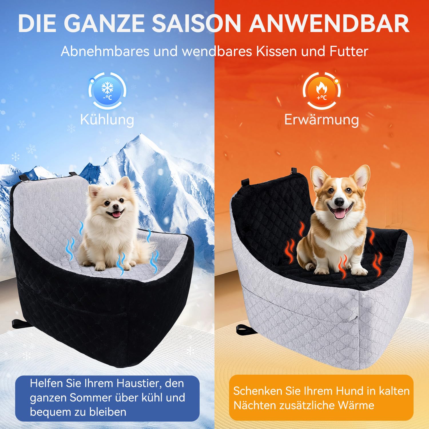 Hunde Autositz für kleine & mittlere Hunde – Abnehmbarer, waschbarer Hundesitz bis 30lbs, mit Staufächern & Sicherheitsgurt als reversibles Hundebett