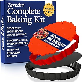 All-in-One Fluted Tart Pan 9 Inch Removable Bottom Set with Patented Silicone Crust Shaper & Pie Weight | Nonstick Carbon Steel Quiche Baking Dish & Tart Molds for Baking - PFOA & PTFE-Free
