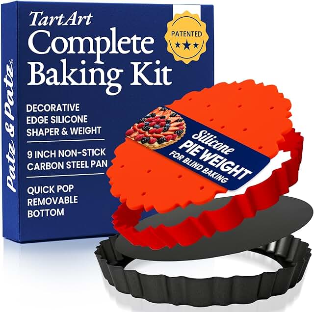 All-in-One Fluted Tart Pan 9 Inch Removable Bottom Set with Patented Sil...