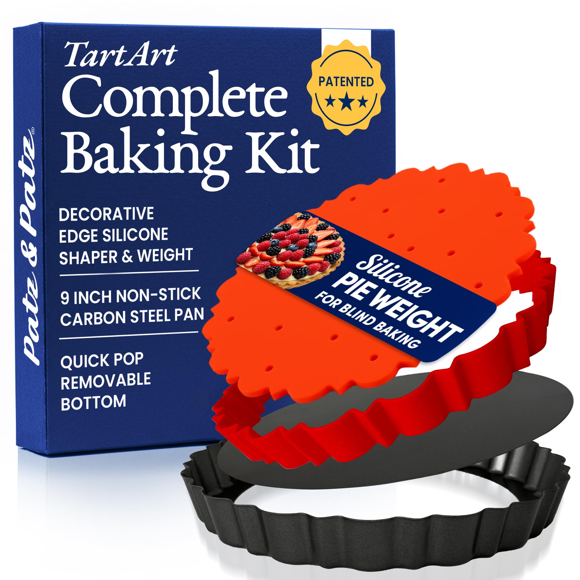 Patz&amp;Patz All-in-One Fluted Tart Pan 9 Inch Removable Bottom Set with Patented Silicone Crust Shaper &amp; Pie Weight | Nonstick Carbon Steel Quiche Baking Dish &amp; Tart Molds for Baking - PFOA &amp; PTFE-Free