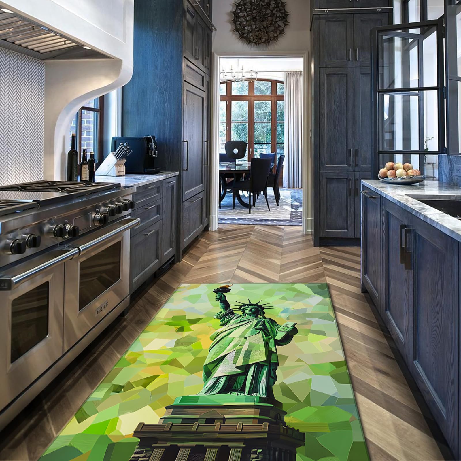 Tapis de Conception esthétique 160x200cm - Vert dégradé Abstrait géométrique Statue de la Liberté Motif antidérapant à Poils Ras Mince Tapis pour Le Bureau