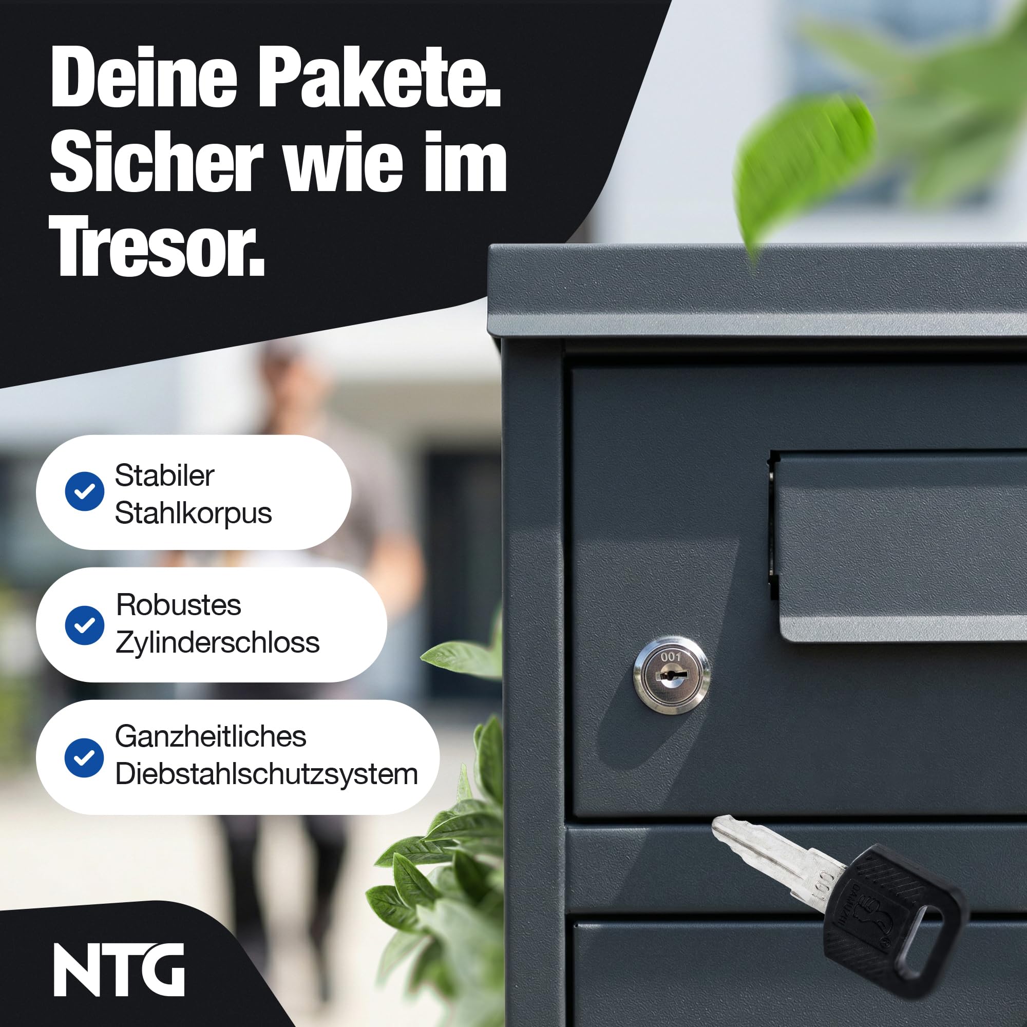 NTG Paketbox Draussen groß XXL – Wetterfest & Abschließbar – Paketbriefkasten XXL aus verzinktem Stahl – Standbriefkasten freistehend – Pakete bis 400x280x200mm – Inkl. 4 Schlüssel & Bodenmontage