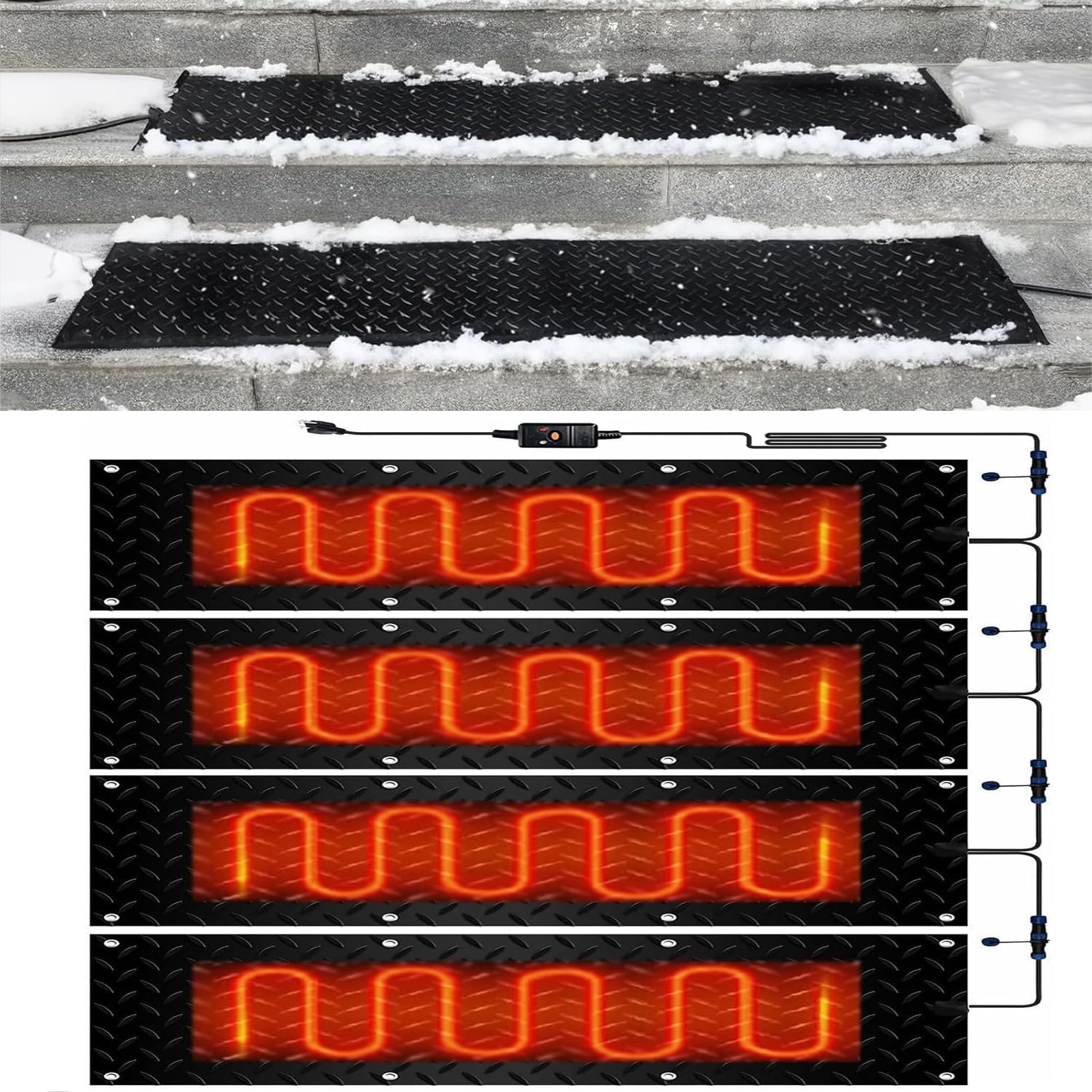 Lot de 4 tapis de fonte de neige pour extérieur, tapis d'escalier chauffant en caoutchouc antidérapant, tapis électrique pour déneigement d'hiver, tapis chauffant d'extérieur (4 pièces, 25,4 x