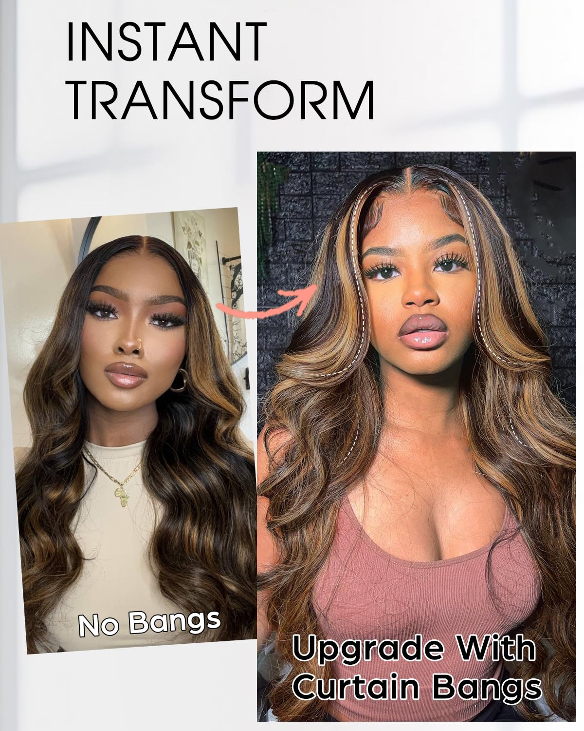 Layered Curtain Bangs Highlight 1B/30 Face-Framing 6x6 Glueless Wigs Human Hair Pre Plucked Pre Cut Lace 200 Density Black Mix Brown Loose Body Wave Lace Front Wigs Human Hair for Black Women 28 Inch - Image 4