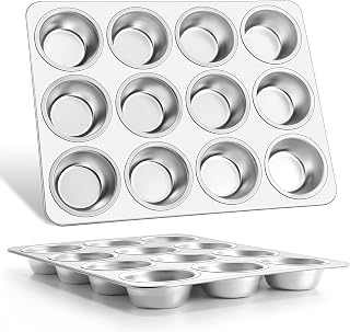 E-far Stainless Steel 12-Cup Muffin Pan Set of 2 - Non-Toxic, Dishwasher Safe Cupcake Tins for Even Baking