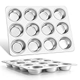 E-far Muffin Pan 12-Cup, Set of 2, Stainless Steel Cupcake Pan Metal Muffin Baking Tins for Oven, Regular Size & Easy Clean, Non-toxic & Dishwasher Safe