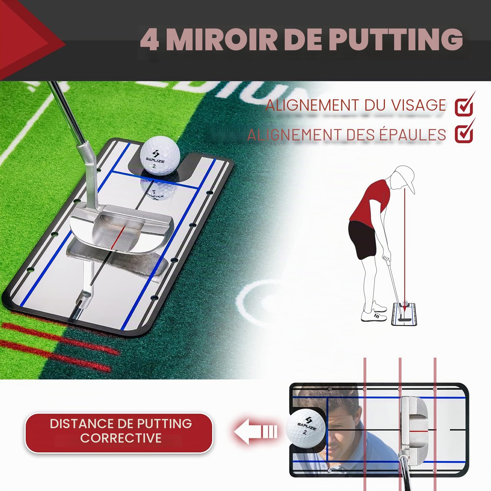 SAPLIZE Tapis de putting de golf avec miroir d'alignement de putting - 20 x 10 pieds - Pour l'intérieur et l'extérieur - Pour le travail à domicile et le bureau
