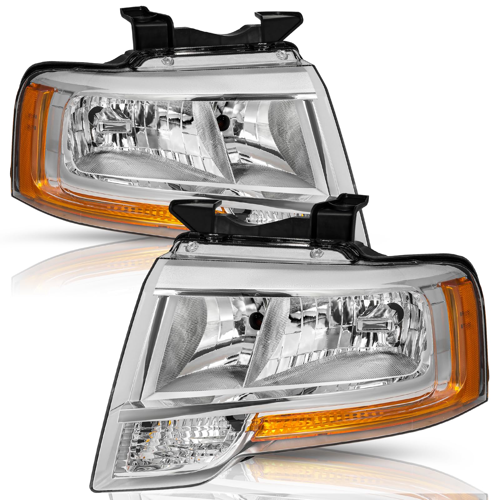 Headlight Assembly Fit for 15 16 17 Ford Expedition Driver Passenger Side Chrome Headlamp Replacement