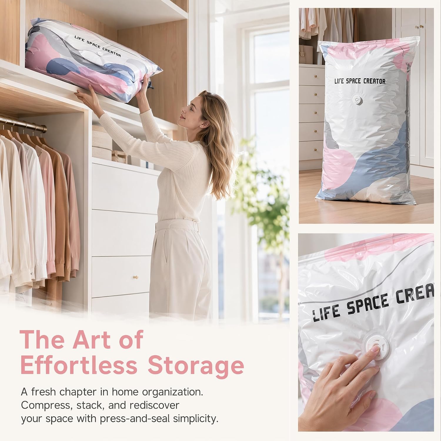 No‑Pump Vacuum Storage Bags, Large Cube Vacuum Seal Bags, Reusable Airtight Compression Bags for Bedding, Blankets, Pillows, Comforters, Closet Organization, Moving & Travel (4, Medium)