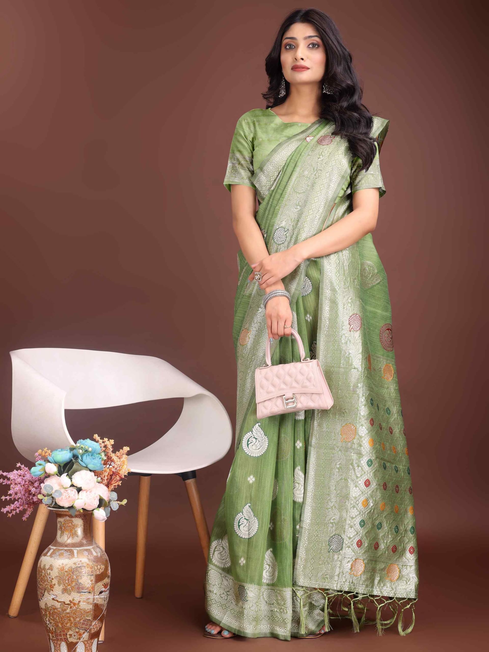 Shiv Textiles Women's Linen Cotton Paisley & Tassel Saree(AUS-ASBUL1004-LIGHT GREEN) 1