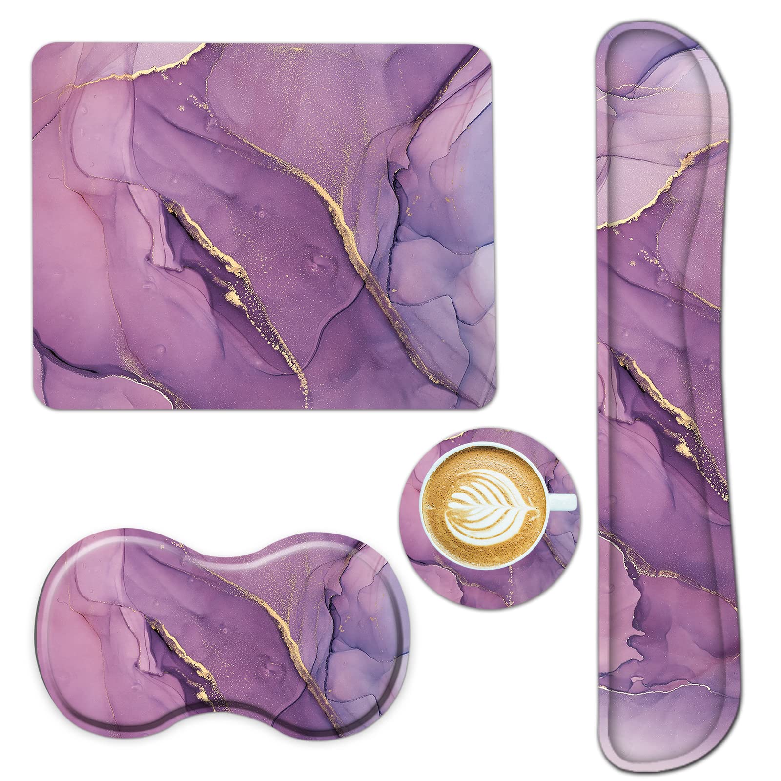 AIMSA Tastatur-Handgelenkauflage + Mauspad + Maus-Handgelenkauflage + Untersetzer, ergonomischer Memory-Schaum, rutschfeste Gummiunterseite, 4-teiliges Set, einfaches Tippen, Schmerzlinderung, lila