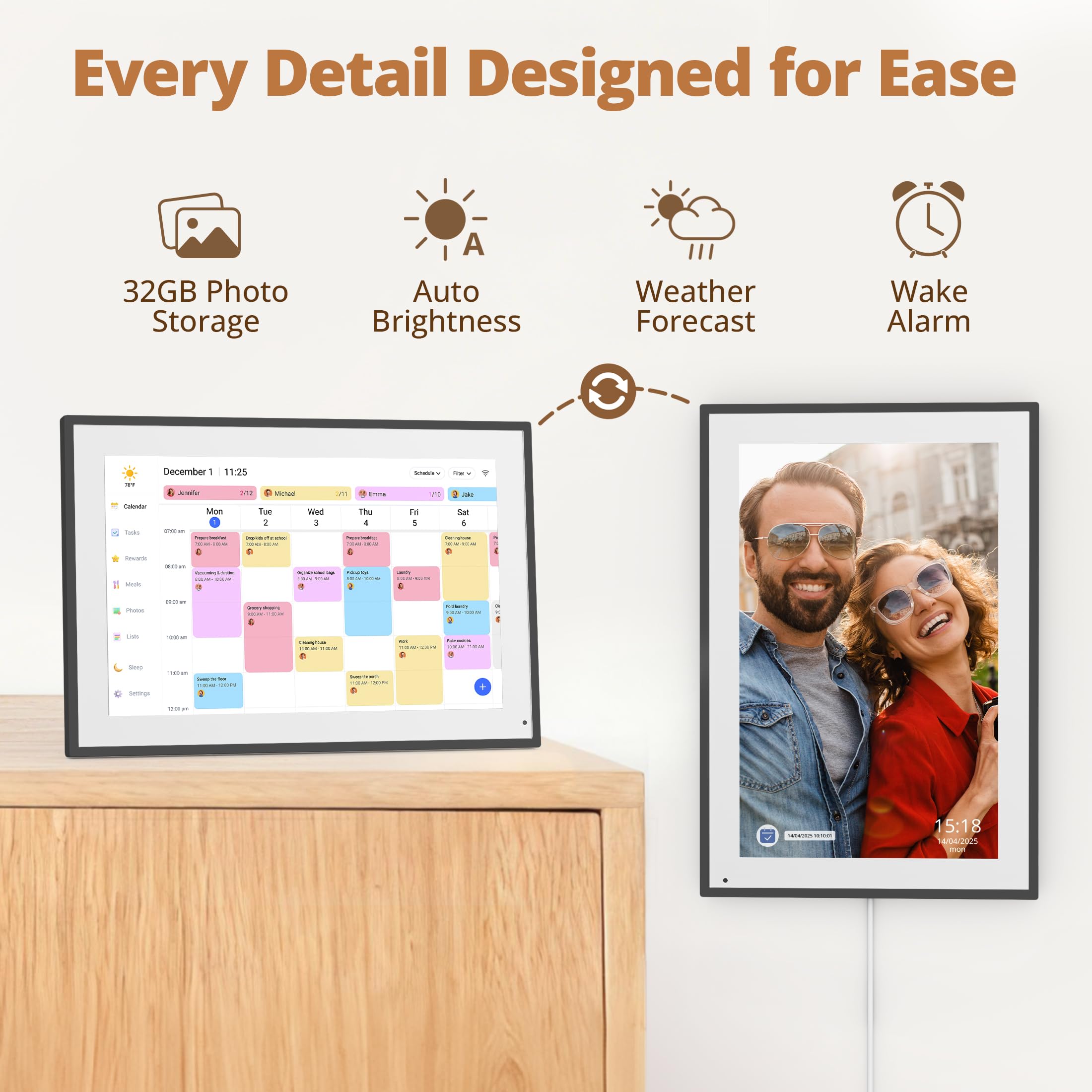Dragon Touch Cyfrowy kalendarz ścienny 14" – 1920 x 1080 FHD, elektroniczny kalendarz ścienny, planer rodzinny z pamięcią 32 GB i uchwytem ściennym, ekran dotykowy, inteligentny kalendarz biurkowy
