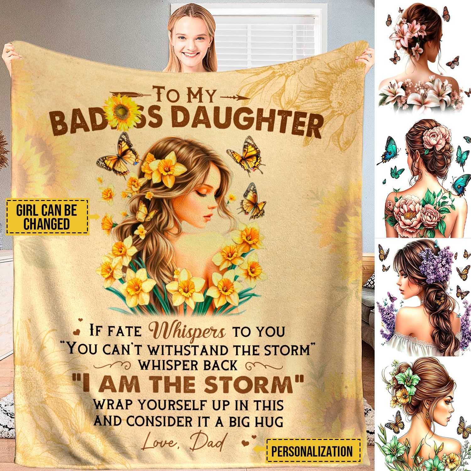 To My Daughter Blanket from Dad and Mom, Personalized Floral Butterfly Girl Fleece Soft Throw Blanket, Christmas Birthday Gifts