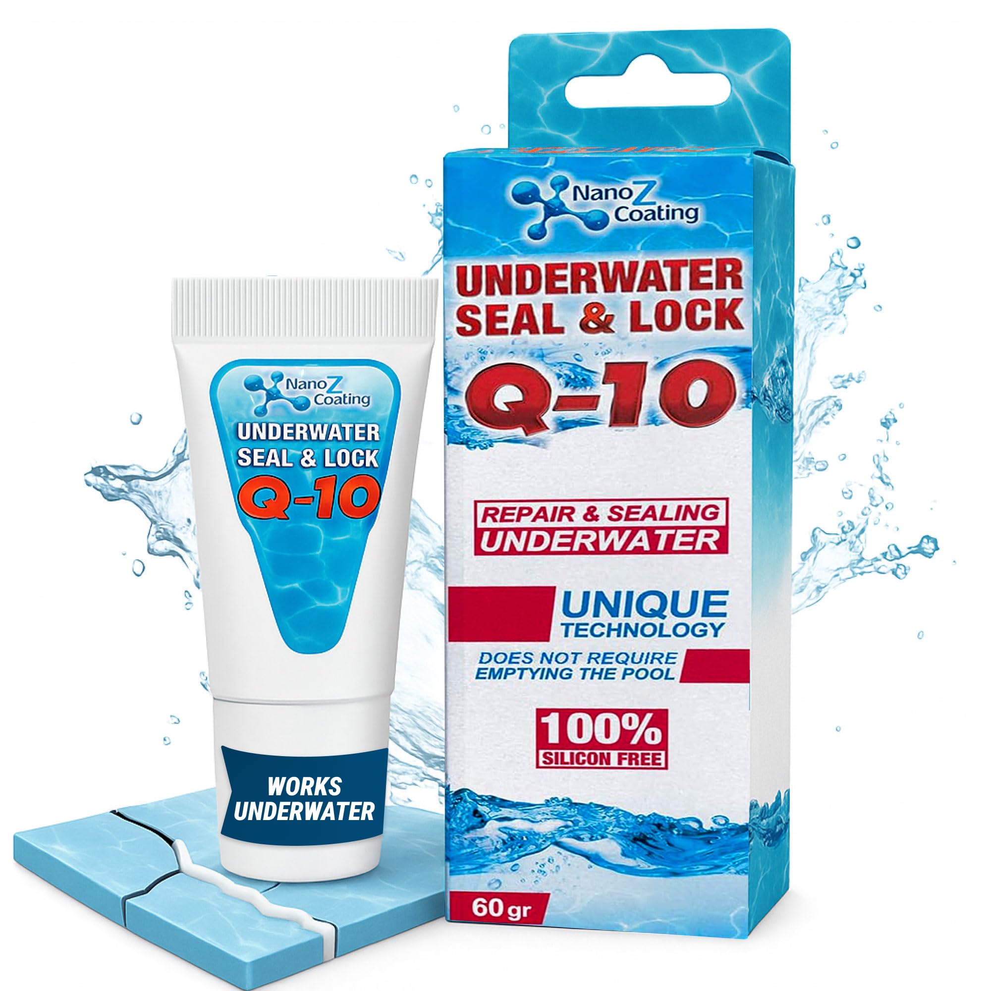 Nano Q10 Underwater Seal & Lock - Leak and Crack Repair Without Emptying The Pool, Reservoir, or Tank. Eco-Friendly Under Water Adhesive, Stays Flexible, Waterproof, and Chlorine Resistant (2.1 oz)