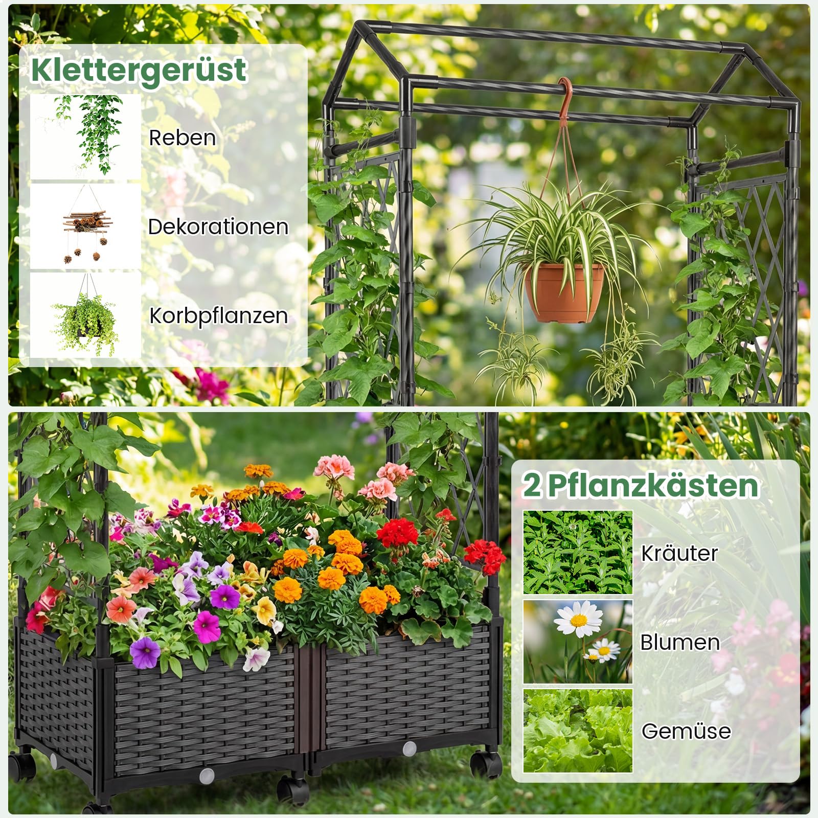 COSTWAY Blumenkasten mit Rankgitter & hängendem Dach, 163 cm, 2 in 1 Rosenbogen mit 2 Pflanzkästen, Gartenbogen auf Rollen, Metall & PP-Rattan, Rankkasten mit Spalier, für Kletterpflanzen (Grau)
