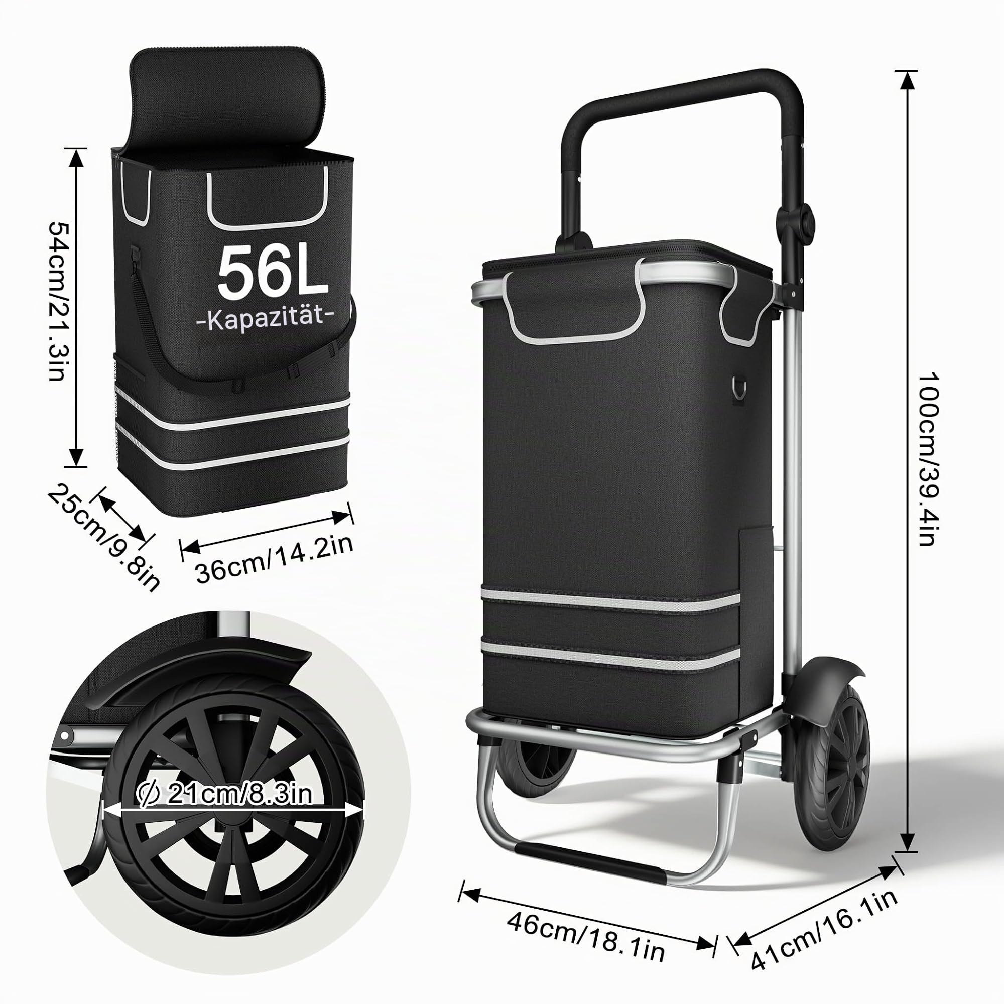 UISEBRT 3in1 Einkaufstrolley klappbar mit 56L groß Volumen,Multifunktionaler Einkaufsroller mit Kühlfach, Umhängetasche & Sackkarre in Einem,Hackenporsche Trolly Einkaufswagen Schwarz,1-Rad
