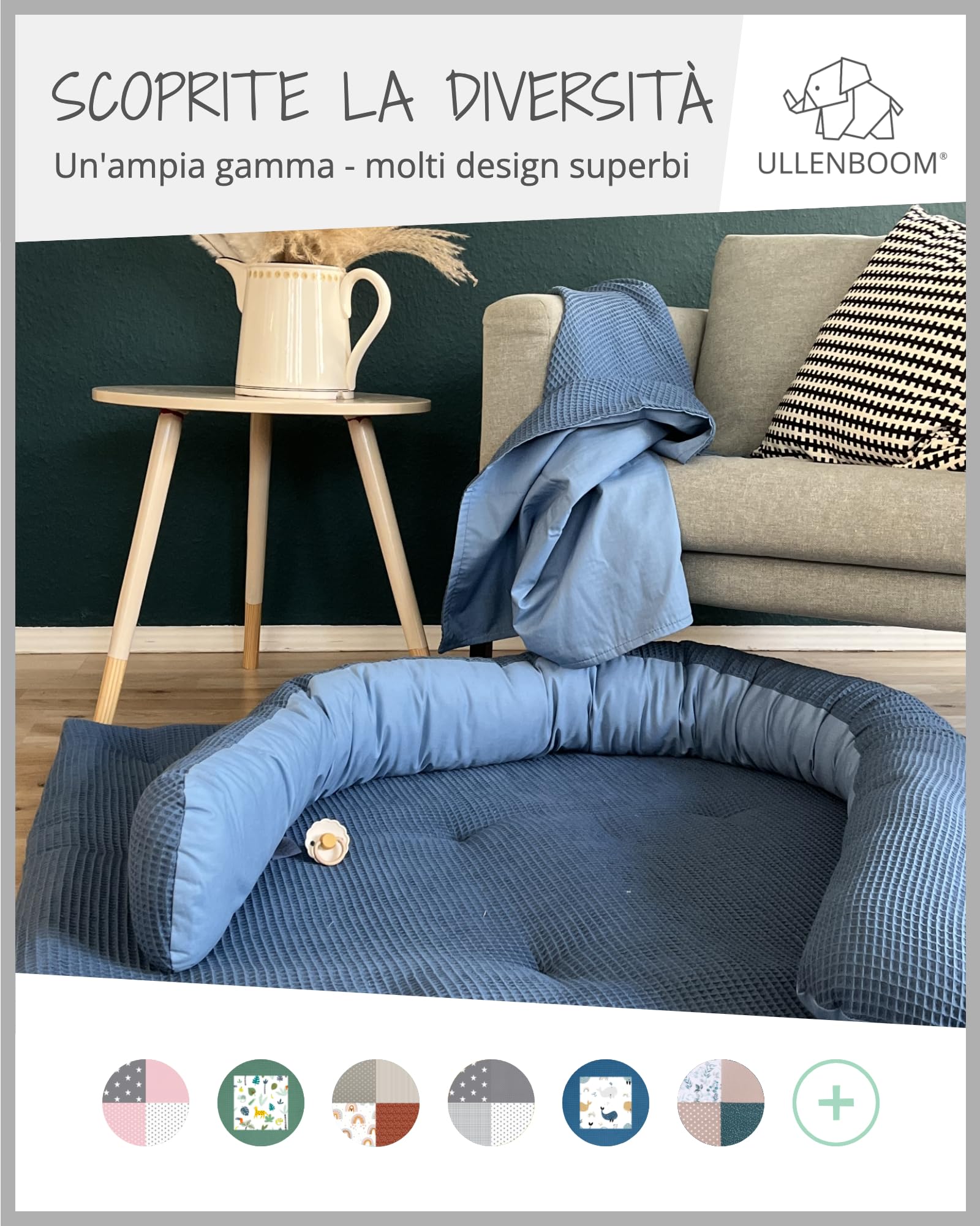 ULLENBOOM Riduttore Lettino Neonato Blu - Riduttore Culla 55x95 cm - 100% OEKO-TEX e Made in EU, Adatto come Baby Cocoon e Lettino da viaggio