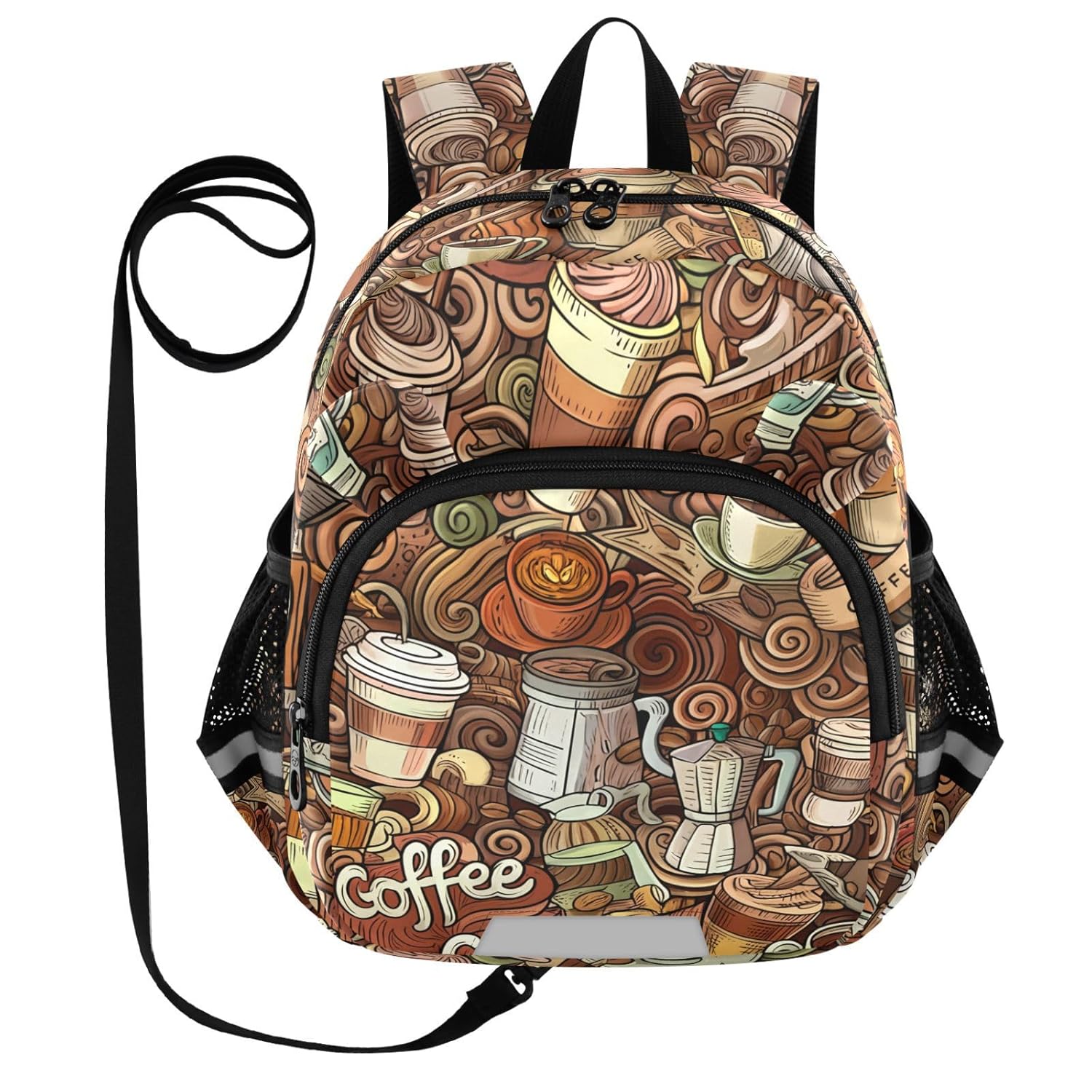 Coffee Cup Doodle Brown Toddler Harness Backpack for Boys Girls 3-6 Years Kids Backpack with Anti Lost Safety Leash Baby Travel Bag for Preschool Walking Travel