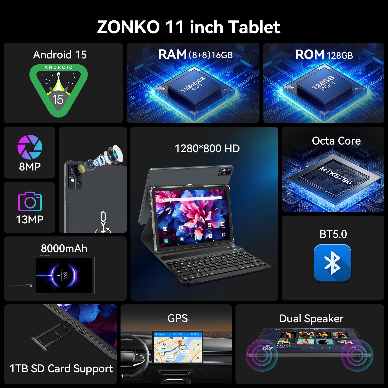 11 inch Android 15 Tablet, 16GB RAM, 128GB ROM 1TB Expand, 4G LTE