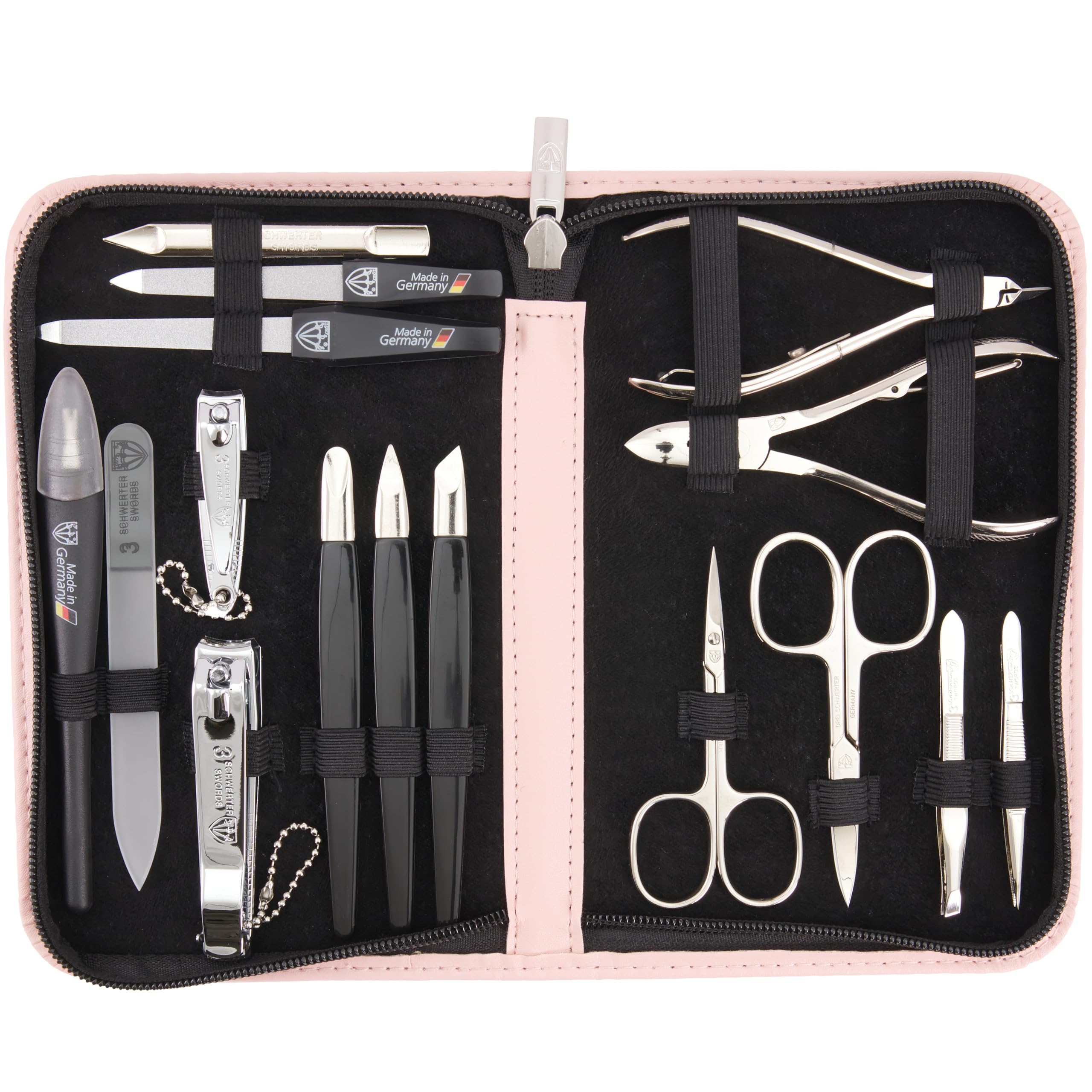 DREI SCHWERTER - 16-tlg. Maniküre-Pediküre-Set 'Cinisello' | Hochwertiges Nageletui aus Kunstleder zur Hand- & Fußpflege. Farbe: rosa | Inhalt: Nagelschere, Nagelknipser, Pinzette & vieles mehr!