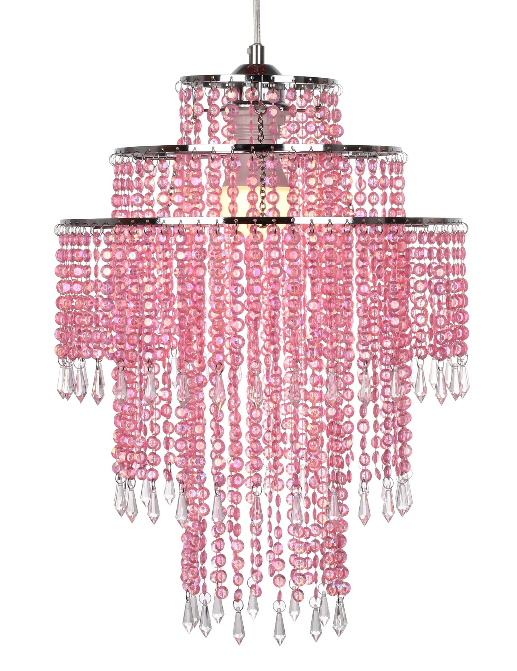 JYLITETLUX Modern 3 Tier Chandelier Shade for Ceiling Lights, Easy Fit Pendant Lamp Shade with Acrylic Crystal Beads Droplets, Dia 320mm, Height 430mm, Pink