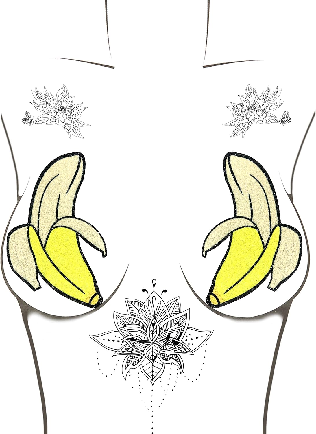 Neva Nude Banana Glitter Large Nipztix Pasties Nipple Covers for Festivals, Raves, Parties, Lingerie and More, Medical Grade Adhesive, Waterproof and Sweatproof, Made in USA