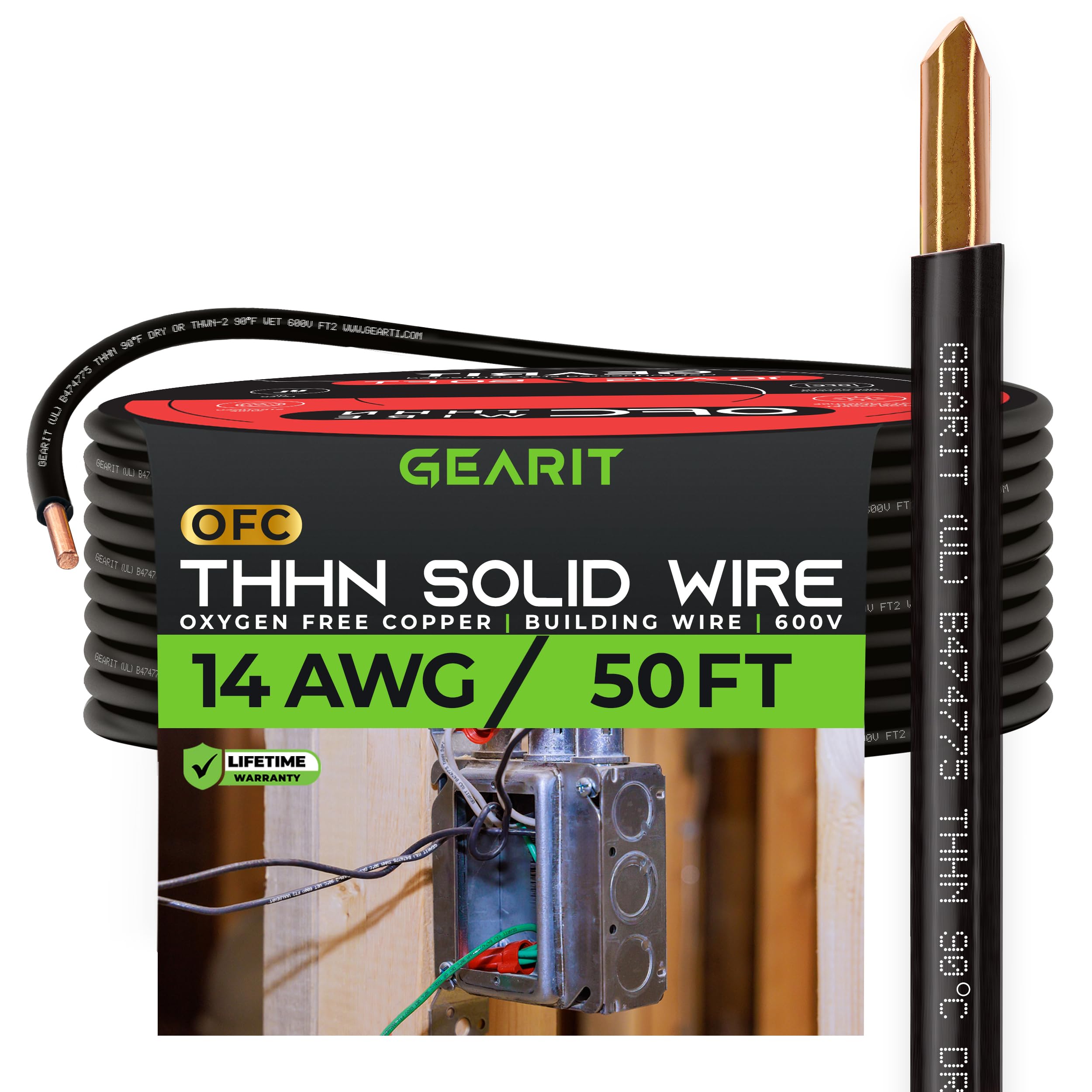 GearIT Solid THHN Wire (14 Gauge, 50 Feet) 100% OFC Electrical Building Wire, Rated for Up to 600 Volts, Single Conductor, Nylon Jacket, UL Listed/RoHs Compliant - Black, 50ft