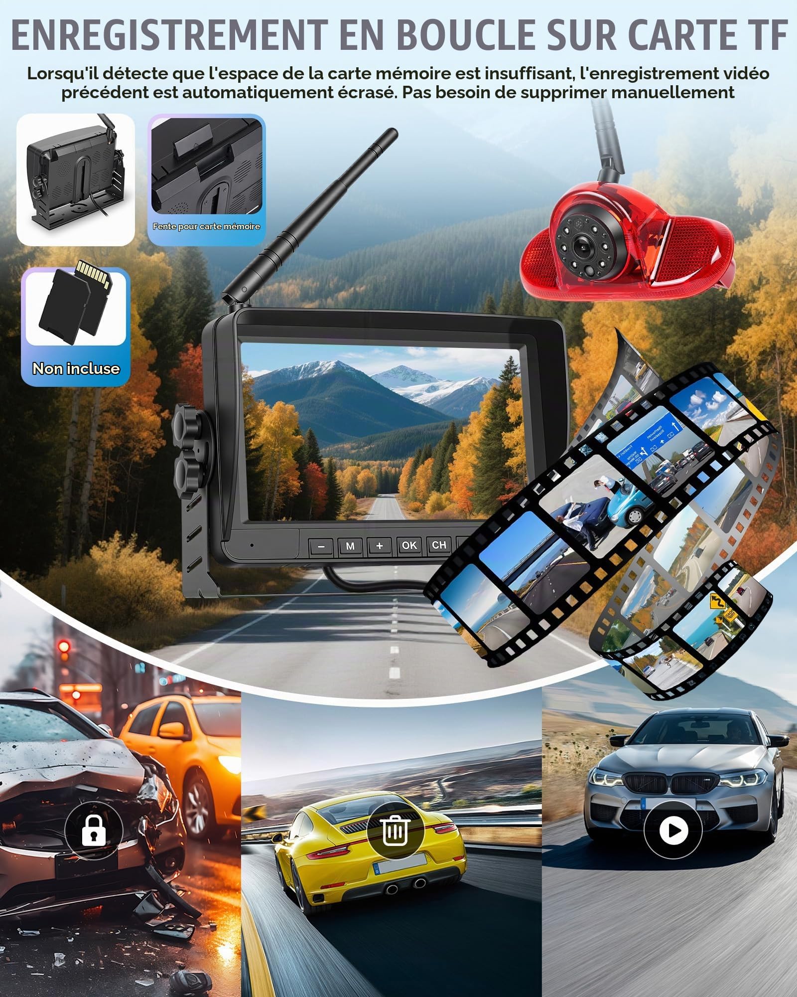 CAMECHO Visión Nocturna Camera de recul sans Fil pour Renault Trafic 2001-2014/Opel Combo 2001-2011/Opel Vivaro 2001-2014 avec 7" HD IPS Écran Moniteur, Camera Voiture aevc IP68 DVR BSD 140°