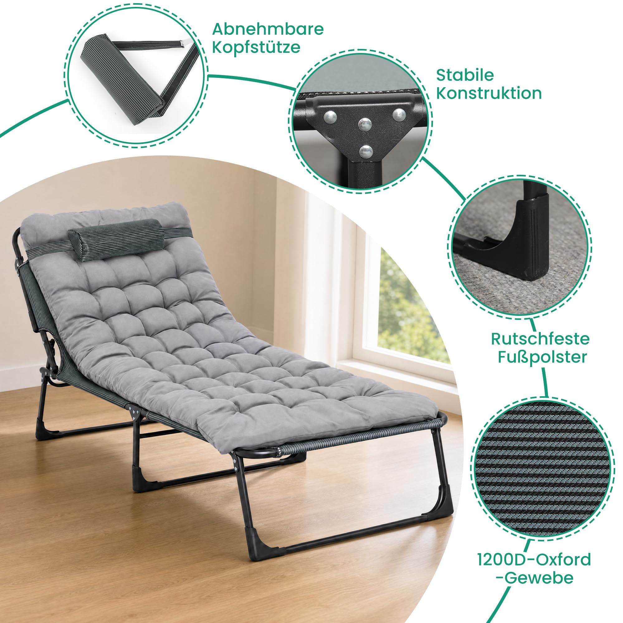 Campingbett Feldbett klappbar 190×68×30 cm, Tragfähigkeit 200 KG, Faltbar Gästebett Klappbett mit Matratze und Kopfstütze für Balkon, Garten, Strand, Büro (Grau)