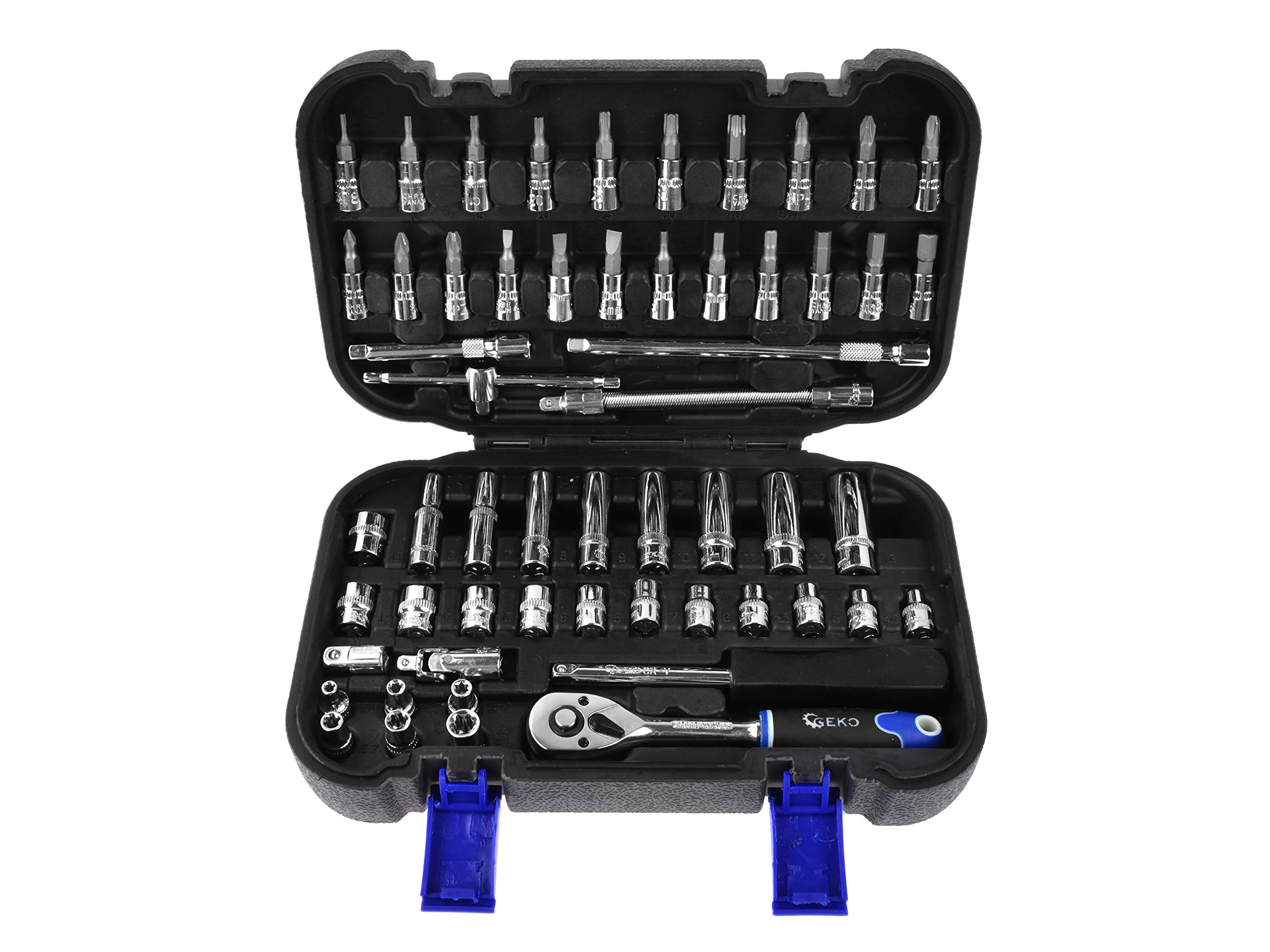 BSD Set di Chiavi a Bussola - Douilles 6 punte, Bussole TORX, Inserti di Avvitatore, Chiave a Cricchetto 1/4”, Maniglia Scorrevole - 56 Pezzi