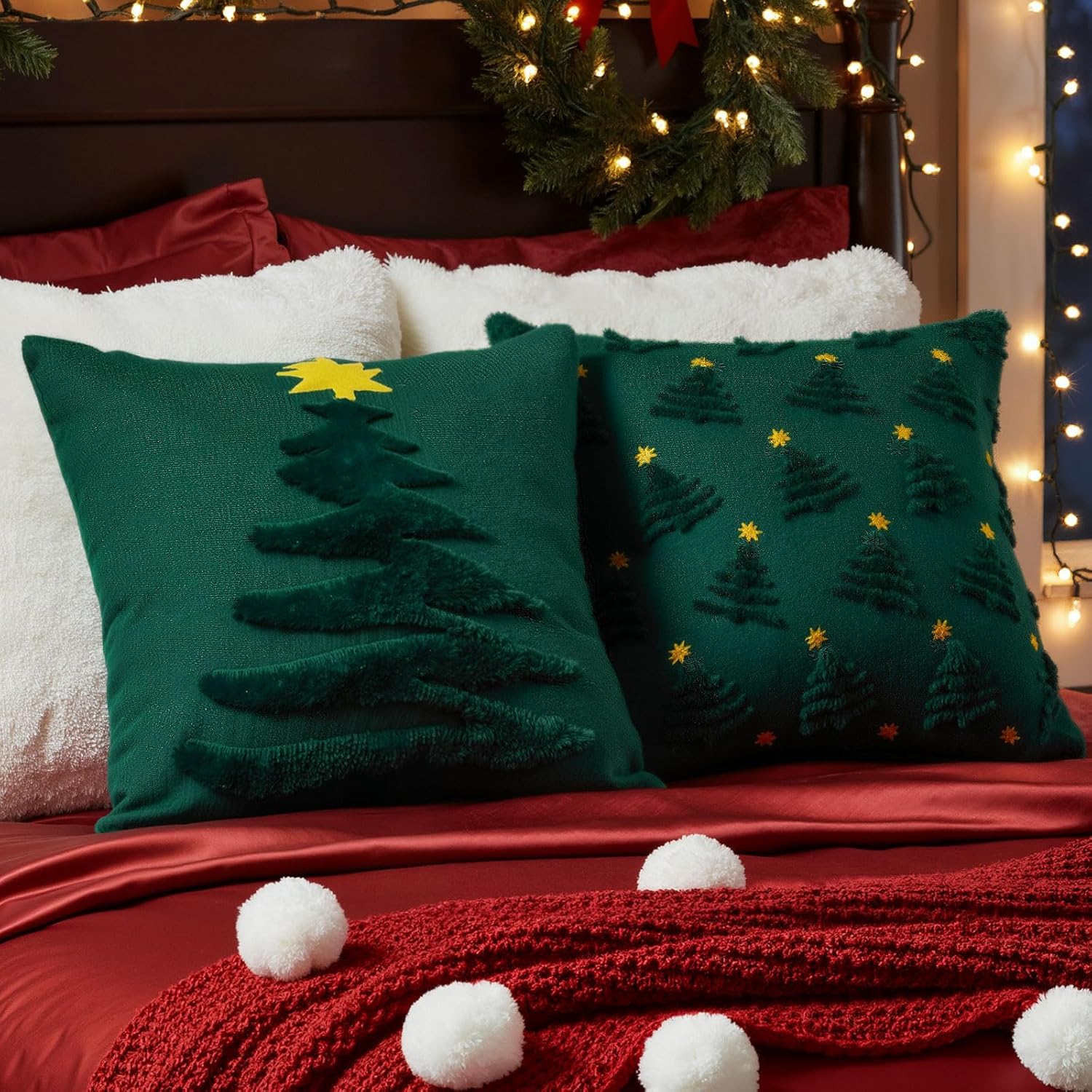 Tudomro 4 Pcs 2 Style Christmas Tree Throw Pillow Covers 20 x 20 Inch 3D Embroidered Soft Faux Fur Green Christmas Tree Design Pillowcases for Sofa Couch Bed Home Winter Holiday Xmas Decor