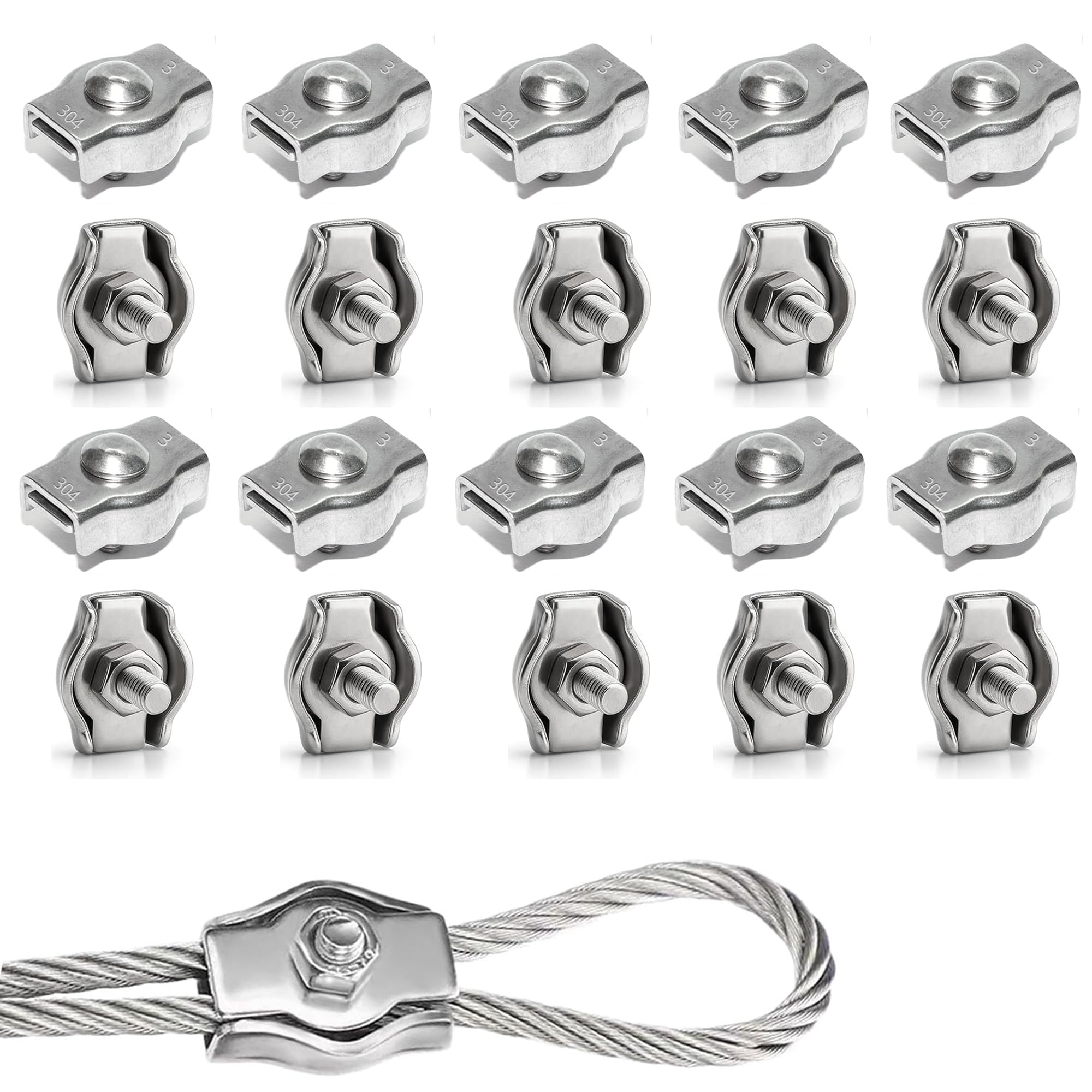 Rshuhx Silver M3 20Pcs Wire Rope Clip Clamp 304 Stainless Steel Cable Clip Wire Rope Cable Clamp For Rigging Ropes And Tension Cable Garden Tensioning Awning Fixed Clothesline Tensioner